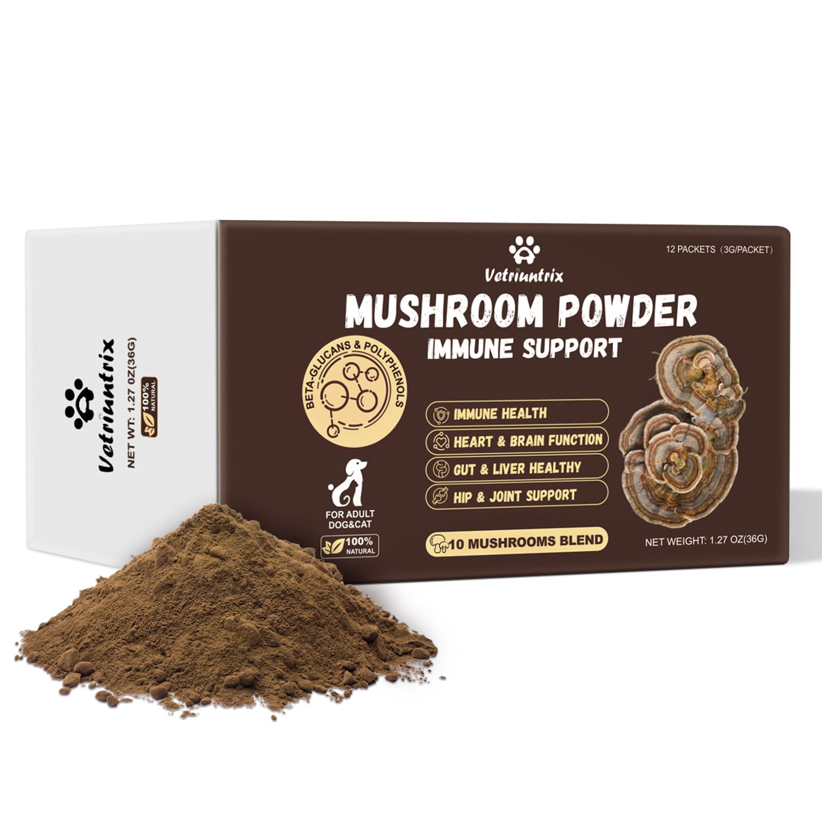 Turkey Tail Mushroom for Dogs, Organic 10 Mushroom Blend for Lipoma Lumps and Bumps, Probiotic Mushroom Powder with 50% -Glucan 