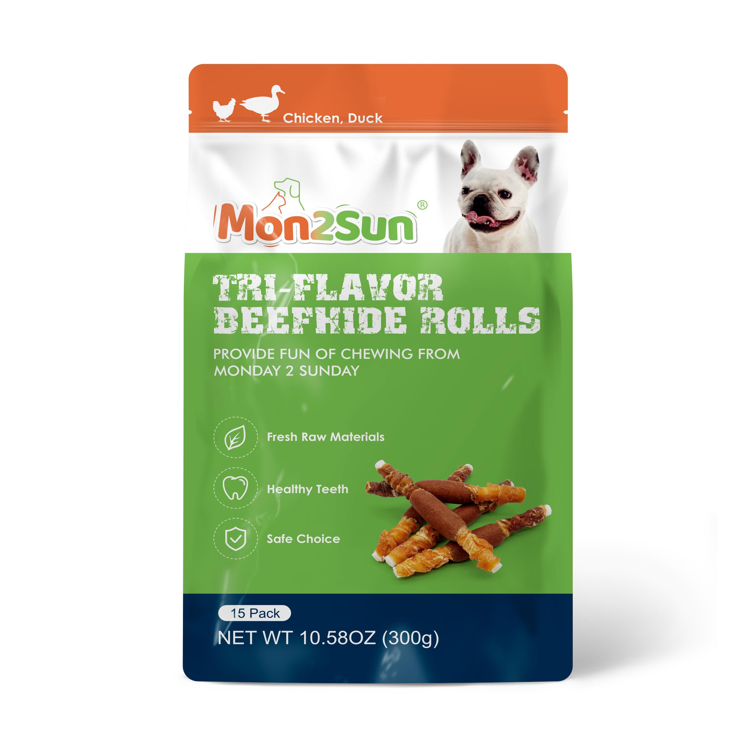 MON2SUN Dog Treats, Triple Flavor 5 Inch Chicken Liver Duck and Chicken Wrapped Rawhide Snacks for Small and Medium Dogs, 10.58