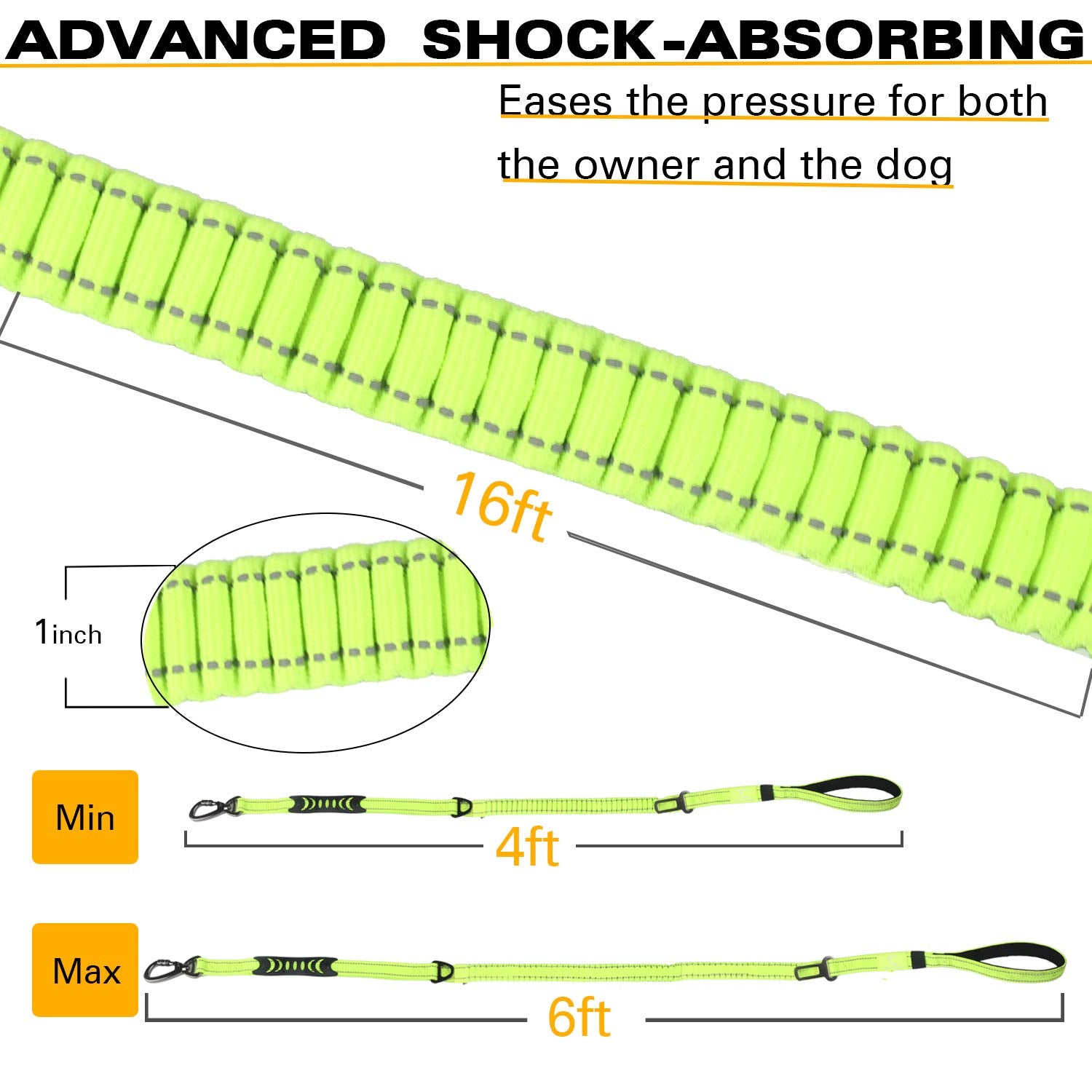 Heavy Duty Dog Leash Especially For Large Dogs Up To 150Lbs, 4 Ft Reflective Dog Walking Training Shock Absorbing Bungee Leash W