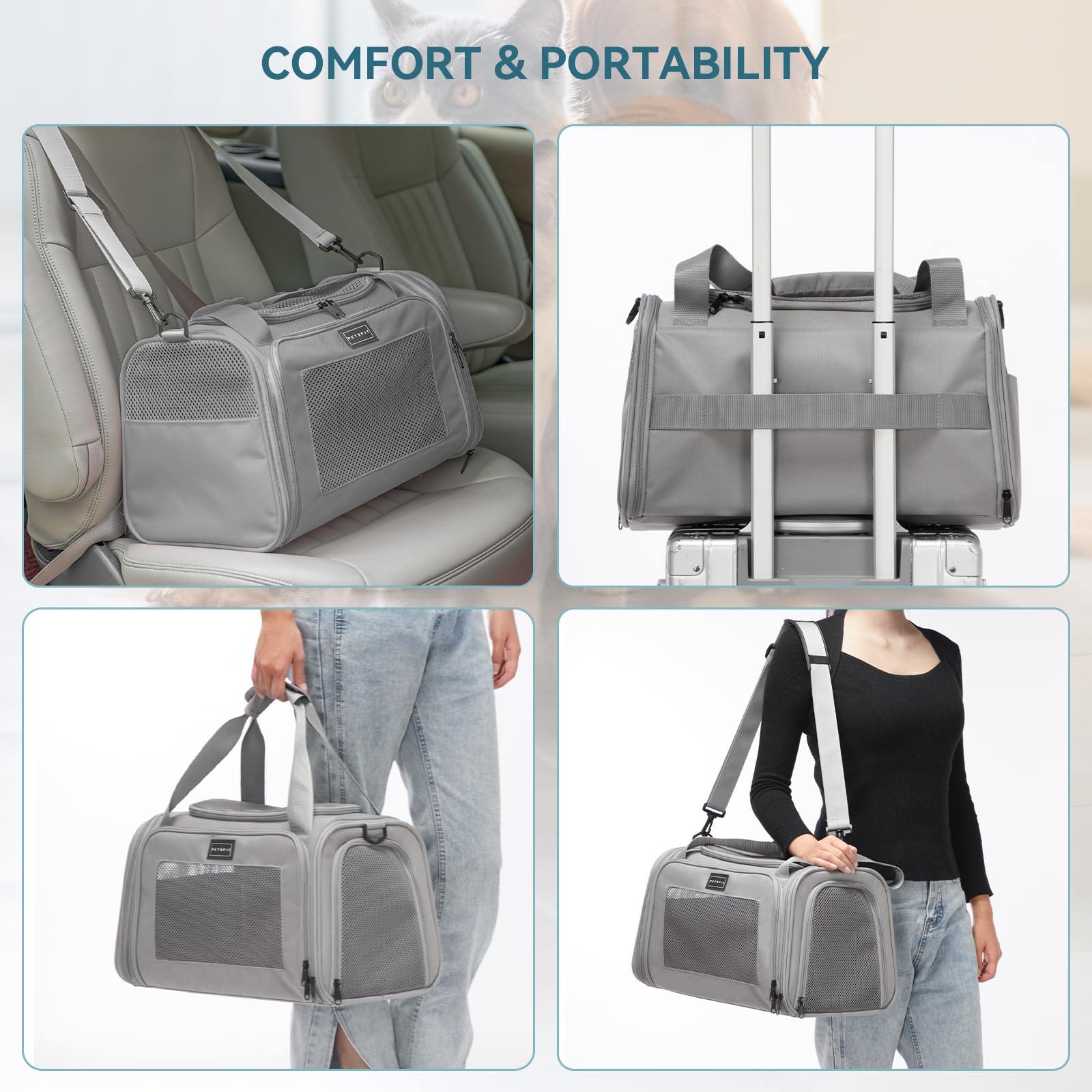 Petsfit Cat Carrier, Pet Carrier Airline Approved, Soft Carrier For Small And Medium Cats Under 12 Lbs, Soft Cat Travel Carrier, Kitten Carrier With Extendable Mat, Grey
