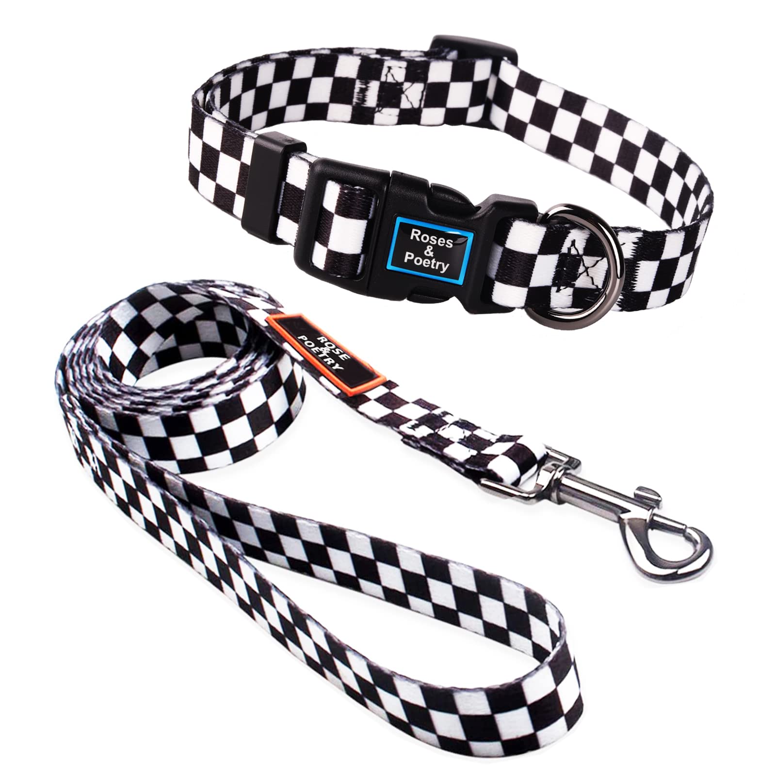 Roses&Poetry Dog Collar And Leash For Medium Large,Adjustable Durable 5Ft Puppy Leash Collar For Dog Training Lead(Black & White