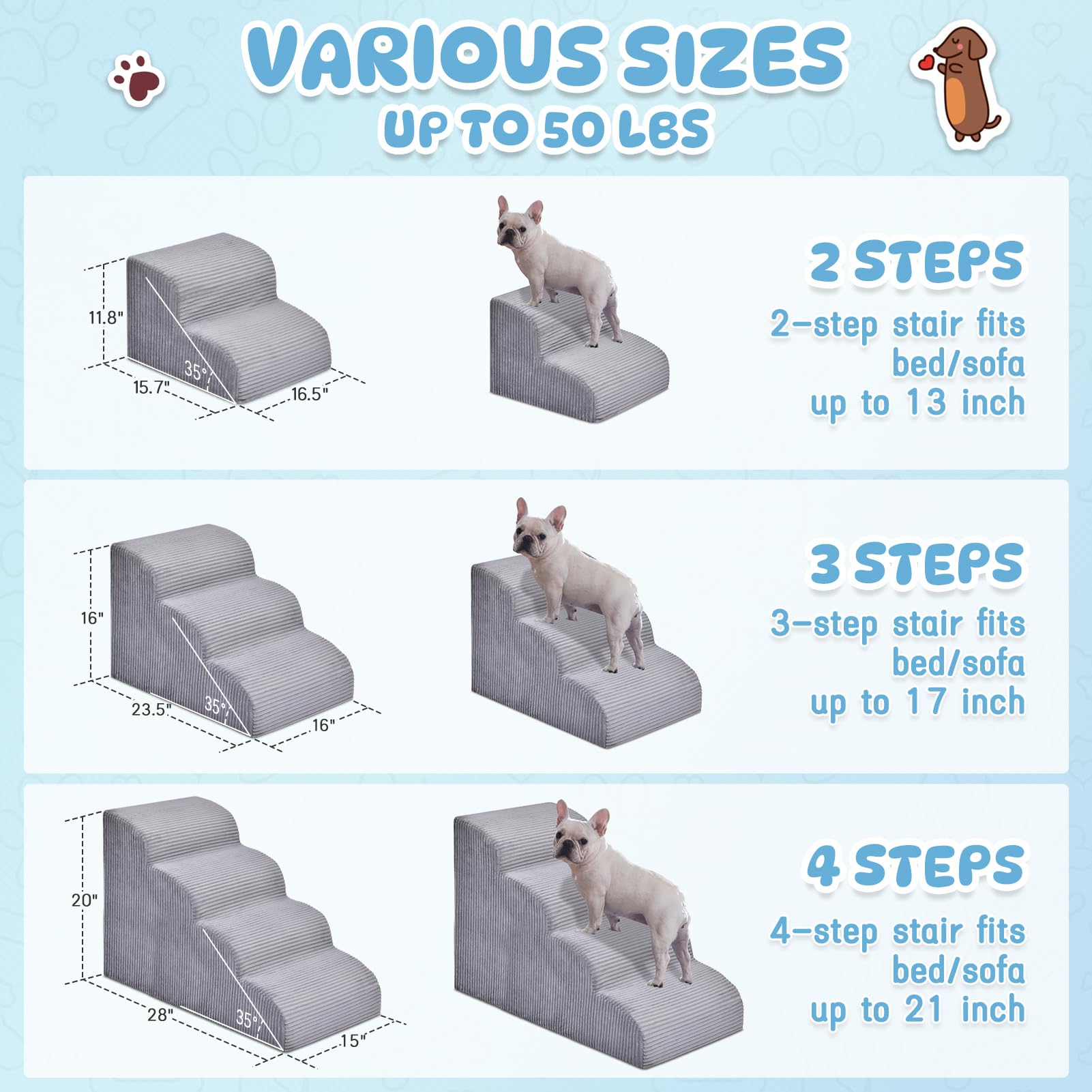 Yiruka Dog Stairs Steps for High Bed: 3 Steps Pet Steps for Small Dogs and Cats Non-Slip Removable Washable Cover Ramp for Indoo