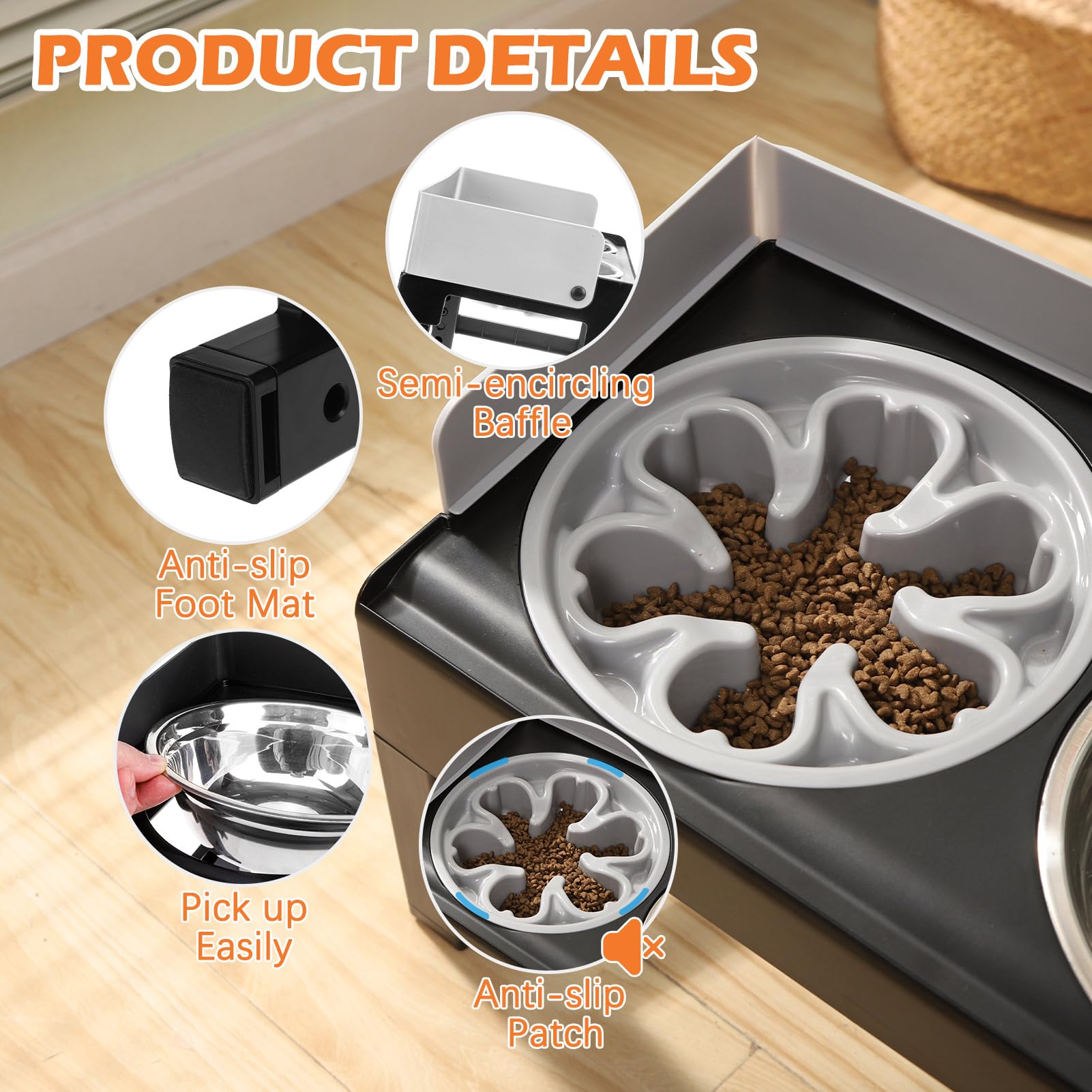 Pawchie Elevated Dog Bowls,Mess Proof Feeder For Large Dogs,6 Height Adjustable Raised Dog Bowl Stand With Slow Bowls & Water Bo