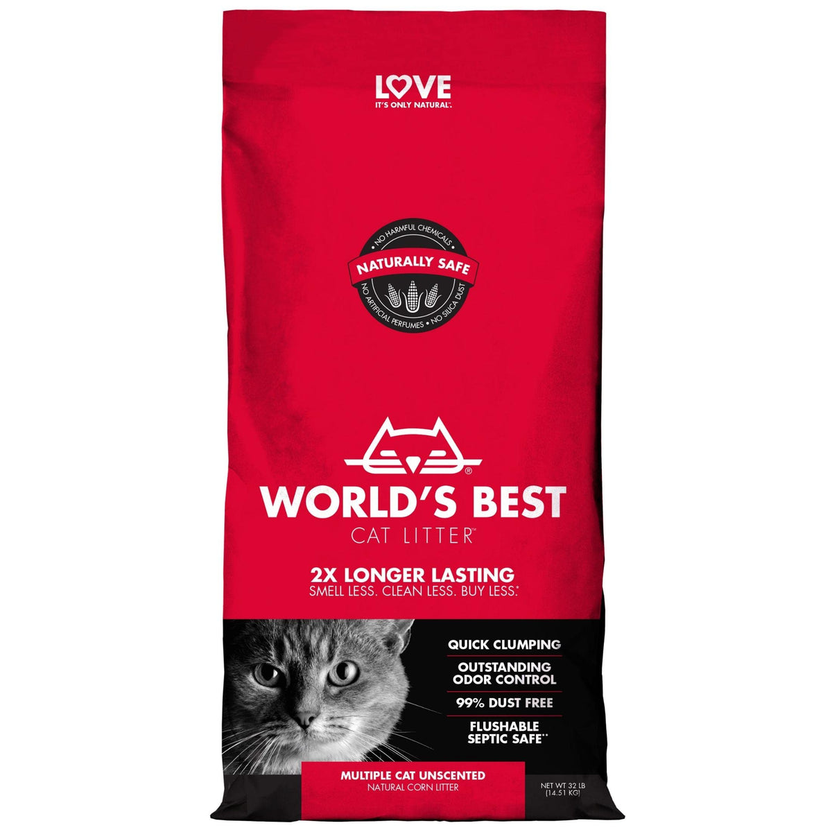 World'S Best Cat Litter Multiple Cat Unscented, 32-Pounds - Natural Ingredients, Quick Clumping, Flushable, 99% Dust Free & Made In Usa - Long-Lasting Odor Control & Easy Scooping