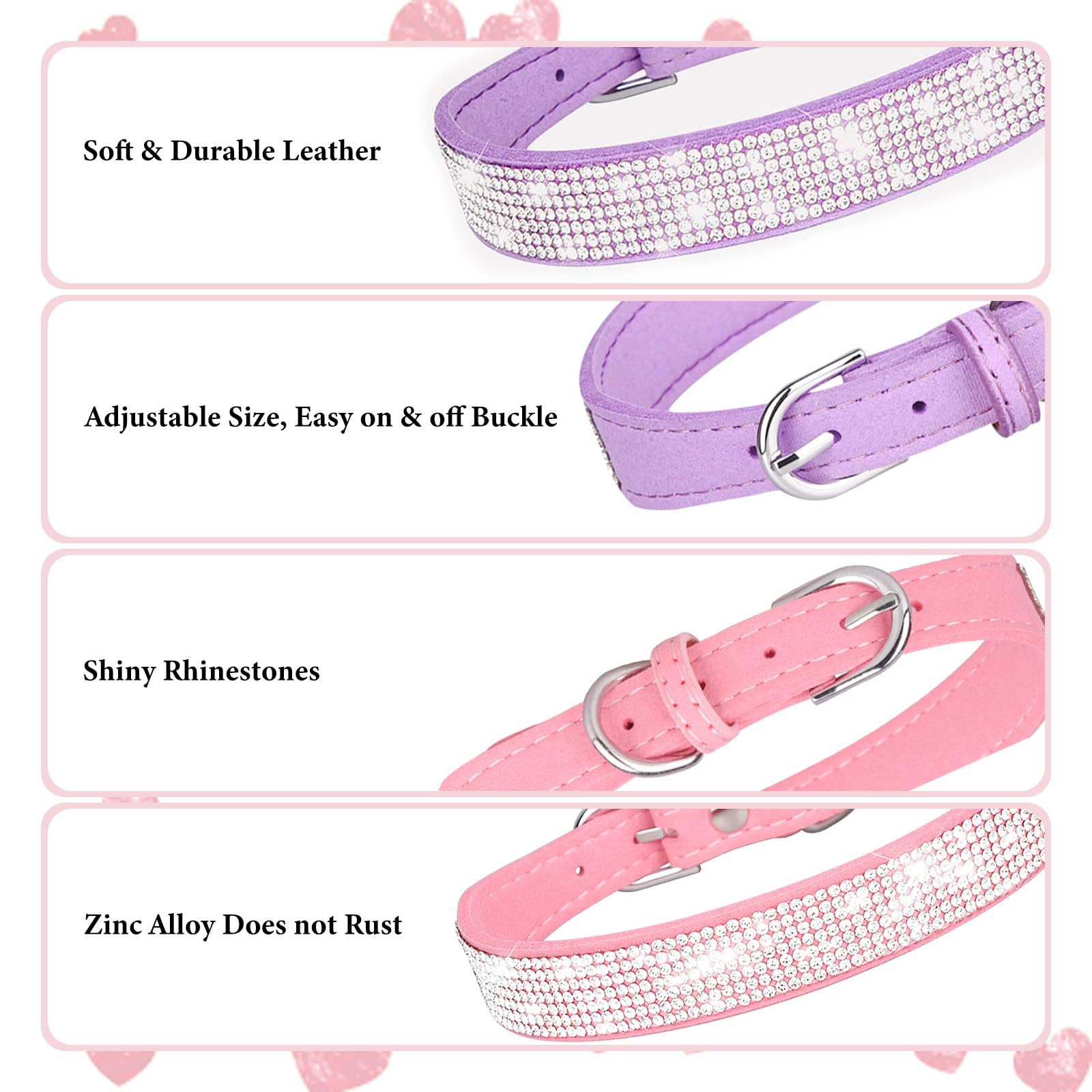Glitter Dog Collars For Small Dogs, 2-Pack Pink+Purple Bling Diamond Dog Collar Soft Suede Sparkle Rhinestone Jewelry Crystal Fe