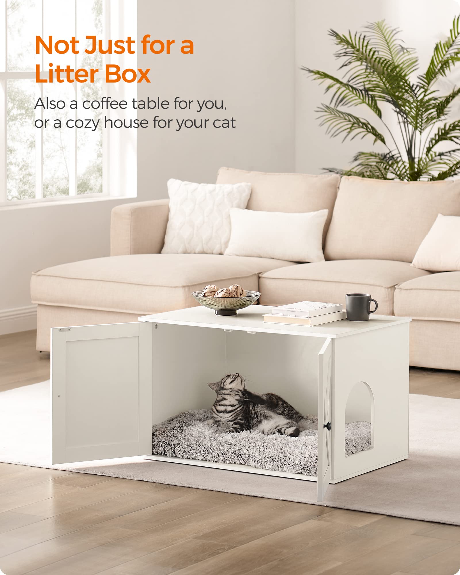 Feandrea Cat Litter Box Enclosure, Litter Box Furniture Hidden With Removable Divider, Indoor Cat House, End Table, 31.5 X 20.9 X 19.7 Inches, White Upcl002W01