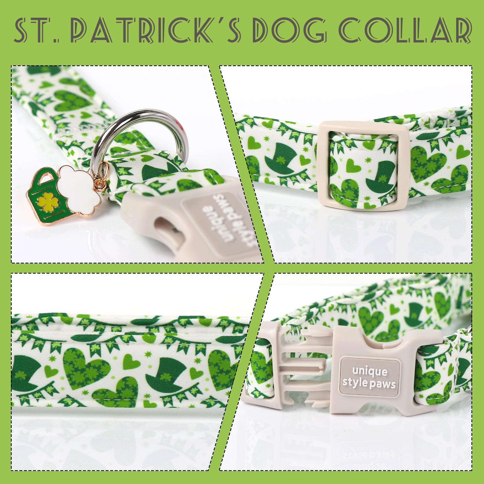 Unique Style Paws St. Patrick'S Day Dog Collar Plastic Buckle Collar With Pendant Green Lucky Magic Hat Gift For Small Medium La