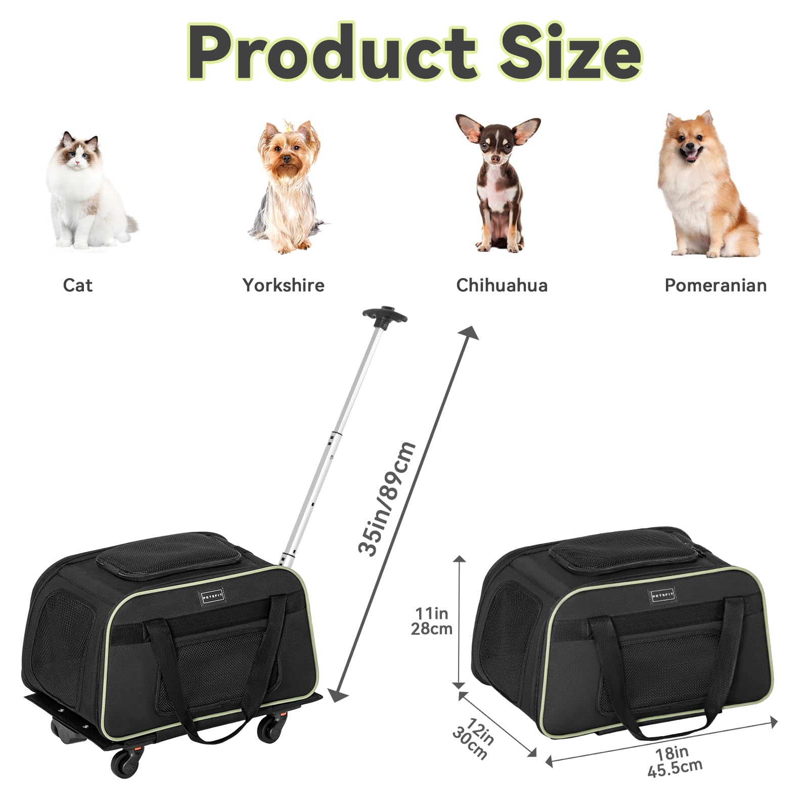 Petsfit Cat Carrier With Wheels Airline Approved, Pet Dog Carrier With Wheels For Small Dogs, Rolling Cat Carrier For Large Cats