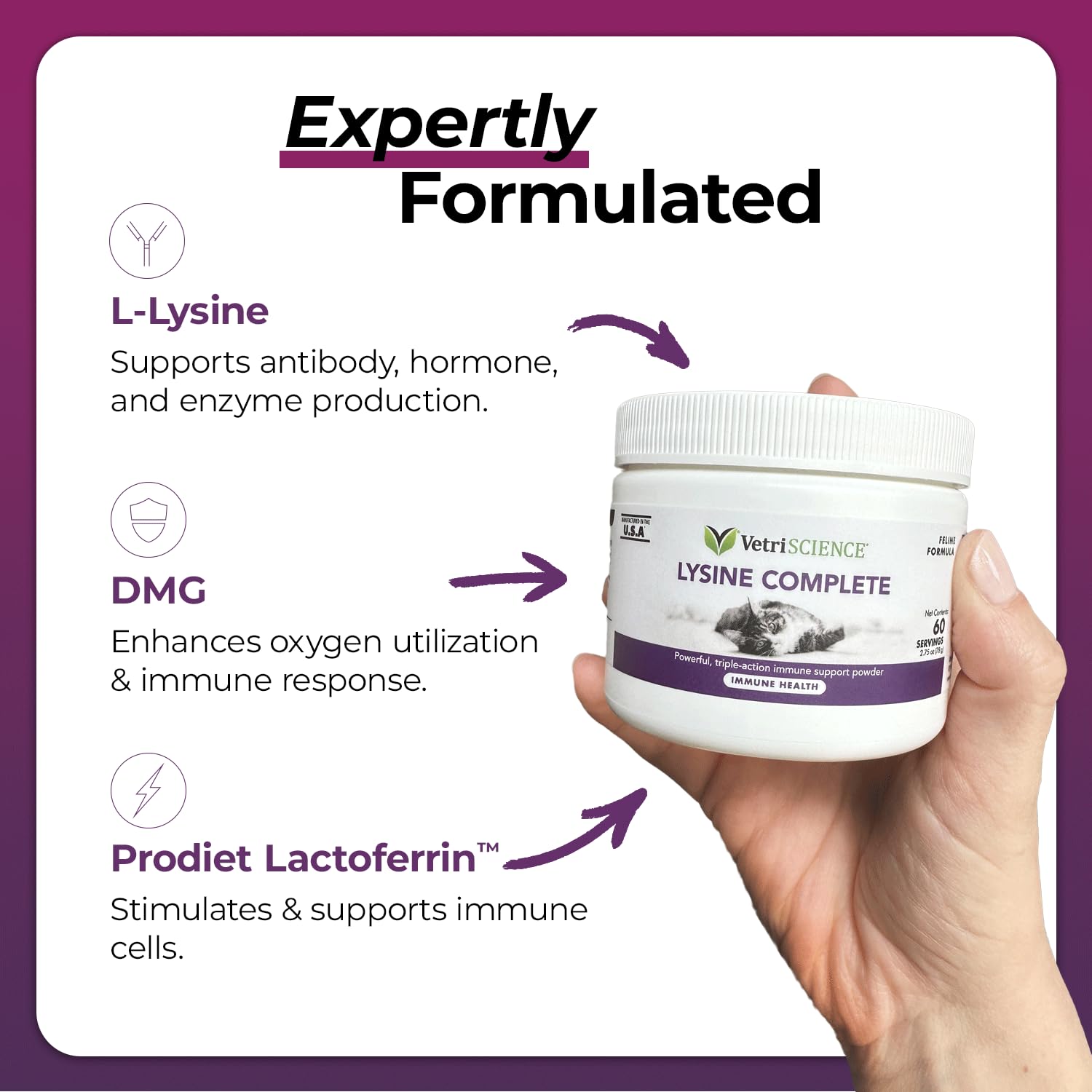 VetriScience Ultimate Strength Lysine Immunity Health Powder for Cats & Kittens, Supplement for Allergy & Nasal Support, Sneezin