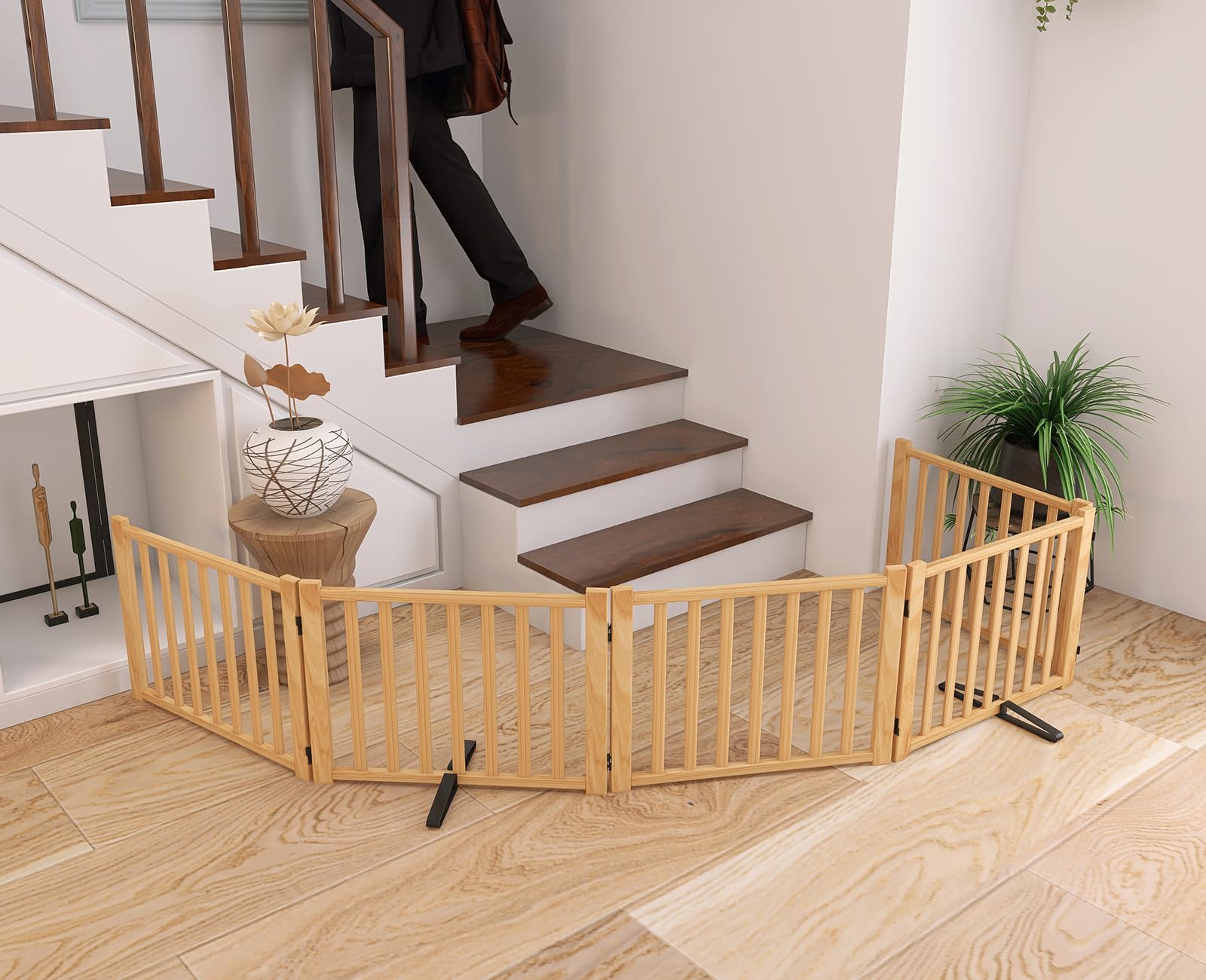 YOCAN Wooden Freestanding Dog Gates for The House,Doorways, Stairs,Wood Dog Fences Indoor Pet Gate,Step Over Fence, 5 Panel H:16