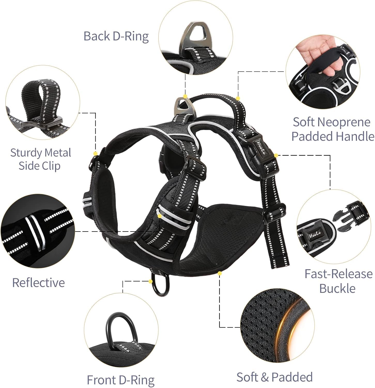 Heele Dog Harness Dog Harness Small Dog No Pull Harness With Soft Handle Reflective Harness Adjustable, Black, Xs