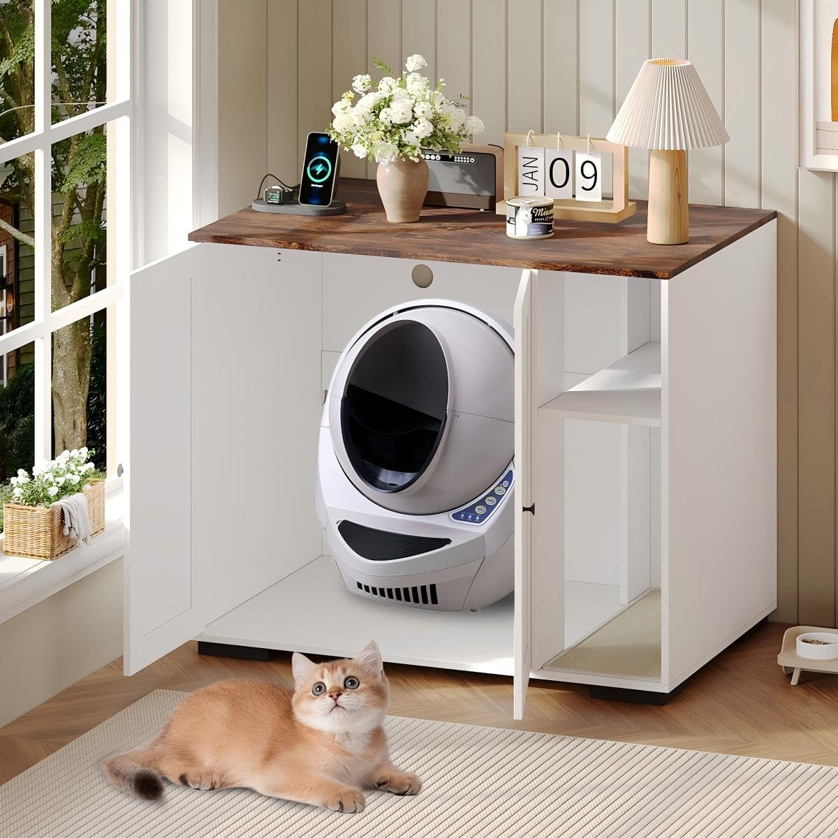 Large Litter Enclosure Cabinet, XL Cat Robot Furniture with Dog Proof Shelf, Power Outlet & 5 Ft Cord, Fit for Most Self-Cleanin