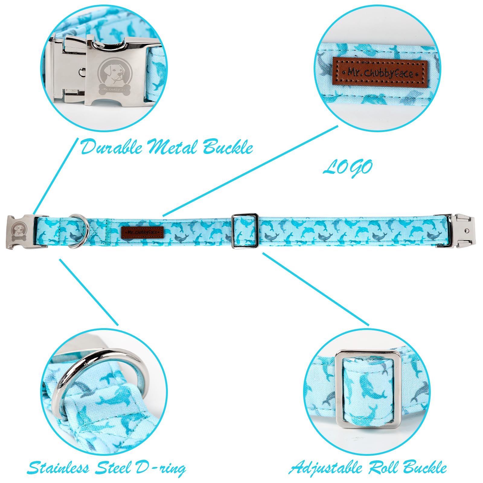 Mr. Chubbyface Spring Summer Dog Collar, Cute Blue Dolphine Dog Collar, Adjustable Durable Soft Natural Fabric Pet Collar For Sm