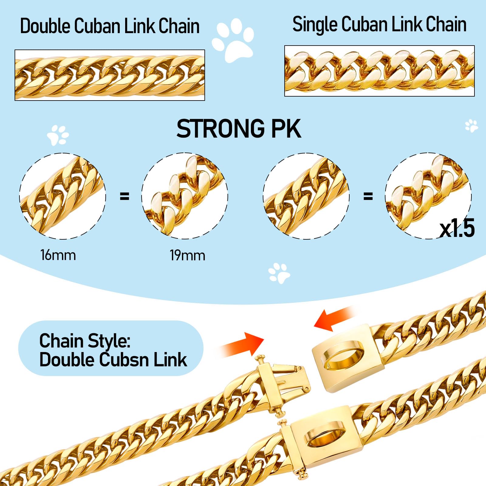 Baobote Silver Chain Dog Collar, 16Mm Heavy Duty Cuban Link Collar With Secure Snap Buckle, Chew Proof For Dogs (16'' Silver)