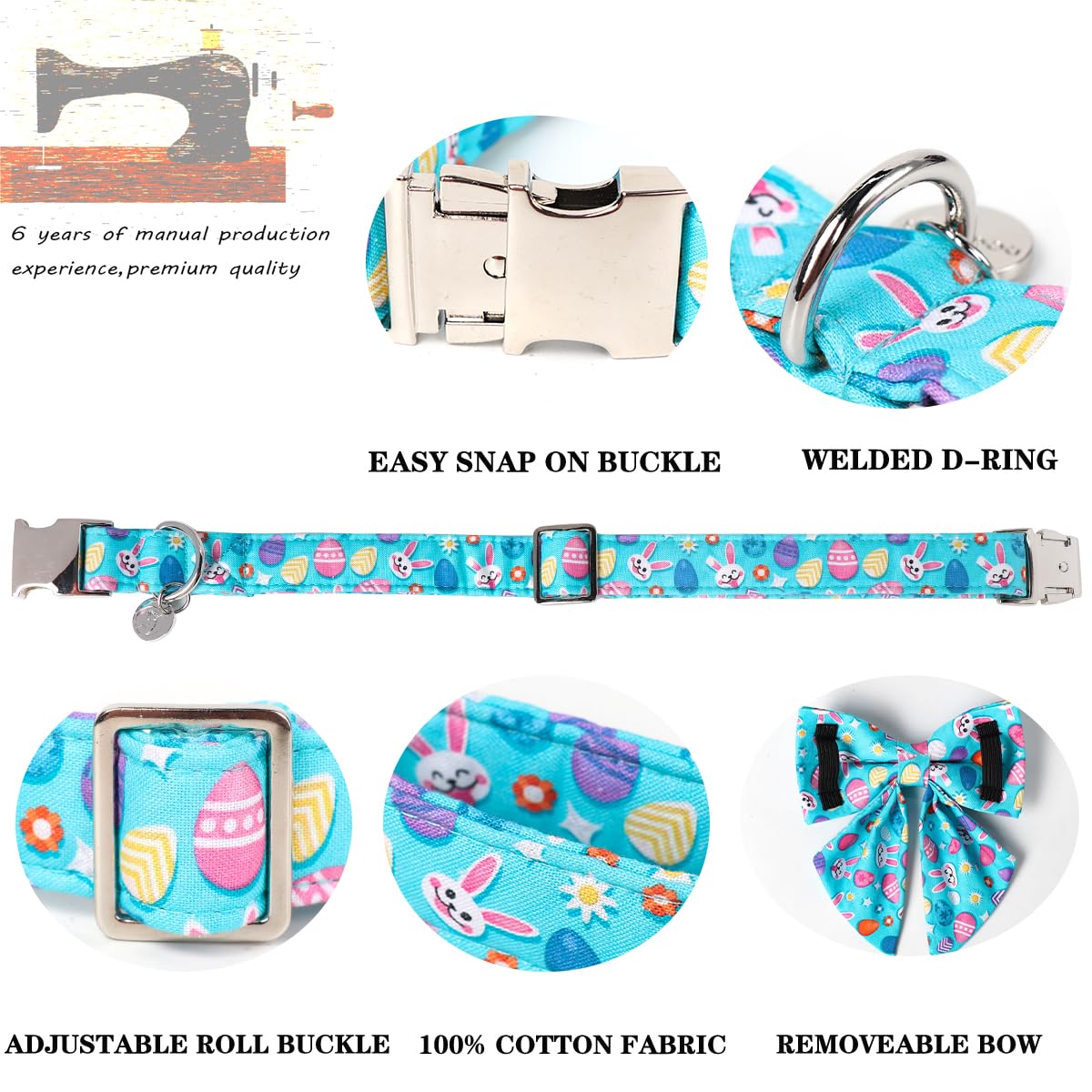 Dogwong Cotton Easter Dog Collar With Bowtie, Soft Adjustable Blue Rabbit Easter Day Dog Collar Cute Egg Puppy Collar For Small