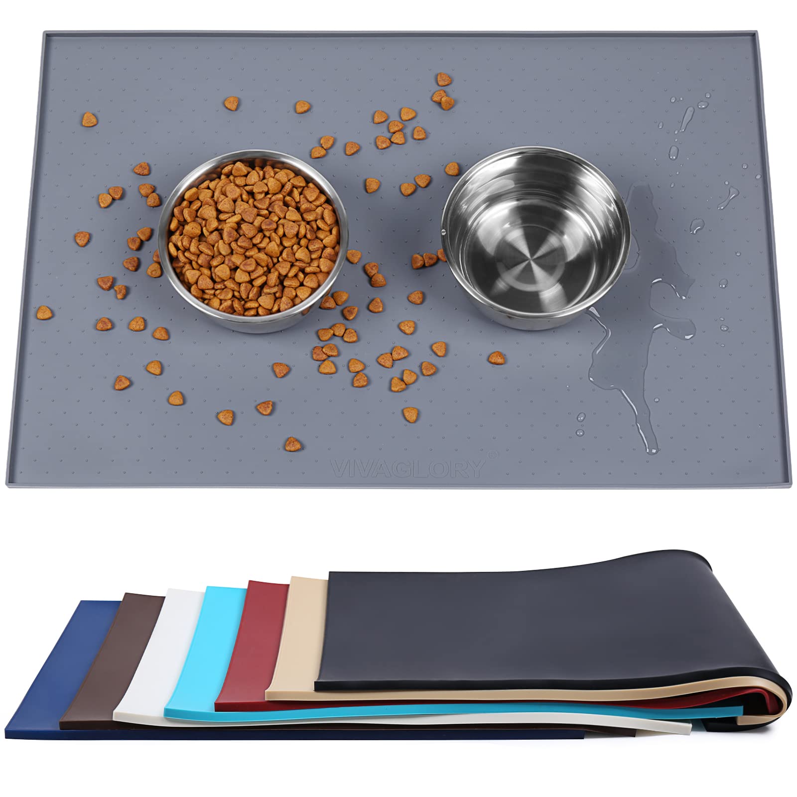 VIVAGLORY Dog Food Mat, Cat Dog Feeding Mat, Waterproof Non-Slip Food Grade Silicone Mat Placemat with Raised Edge, Anti-Messy P