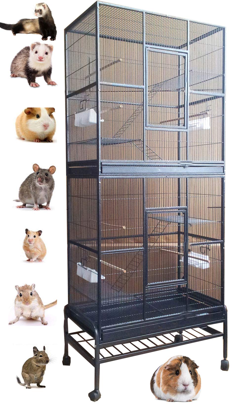 Extra Large Double Stackable Wrought Iron Chew-Proof Ferret Chinchilla Sugar Glider Small Animal Cage With Washable Tray And Rem