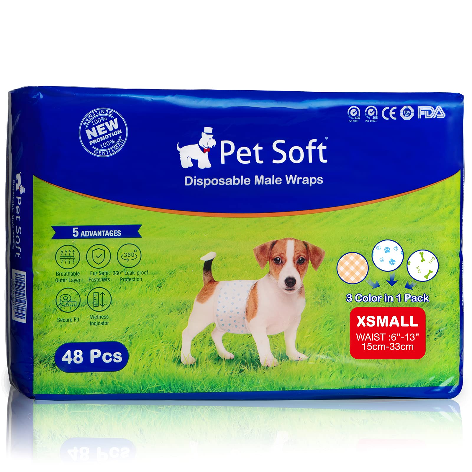 Pet Soft Disposable Male Dog Wraps - Dog Diapers For Male Dogs, Puppy Diapers With Wetness Indicator 48 Counts Xsmall