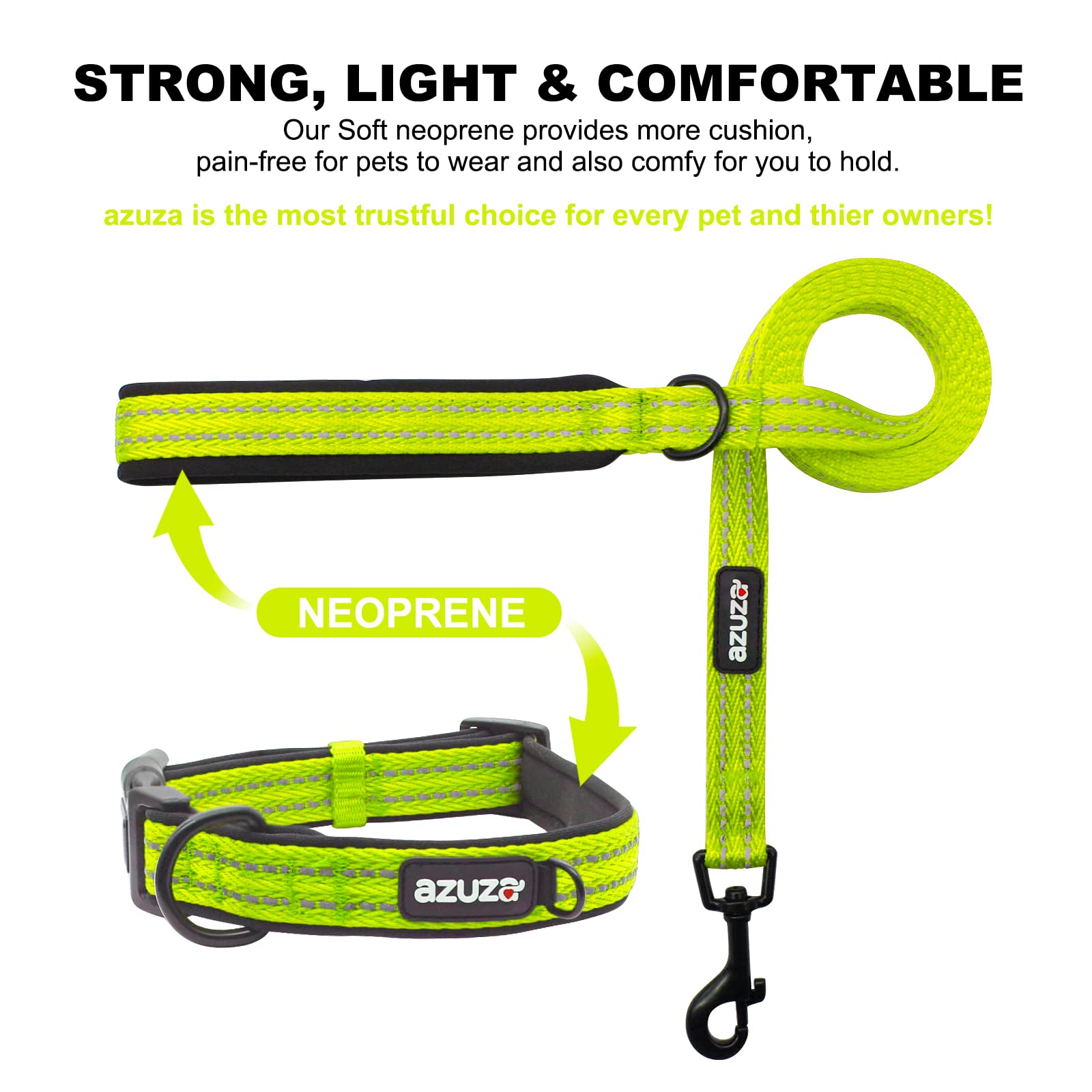 Zuza Dog Collar And Leash Set, Durable Padded & Reflective Strip, Super Comfy For Medium Dogs, Fluorescent Yellow