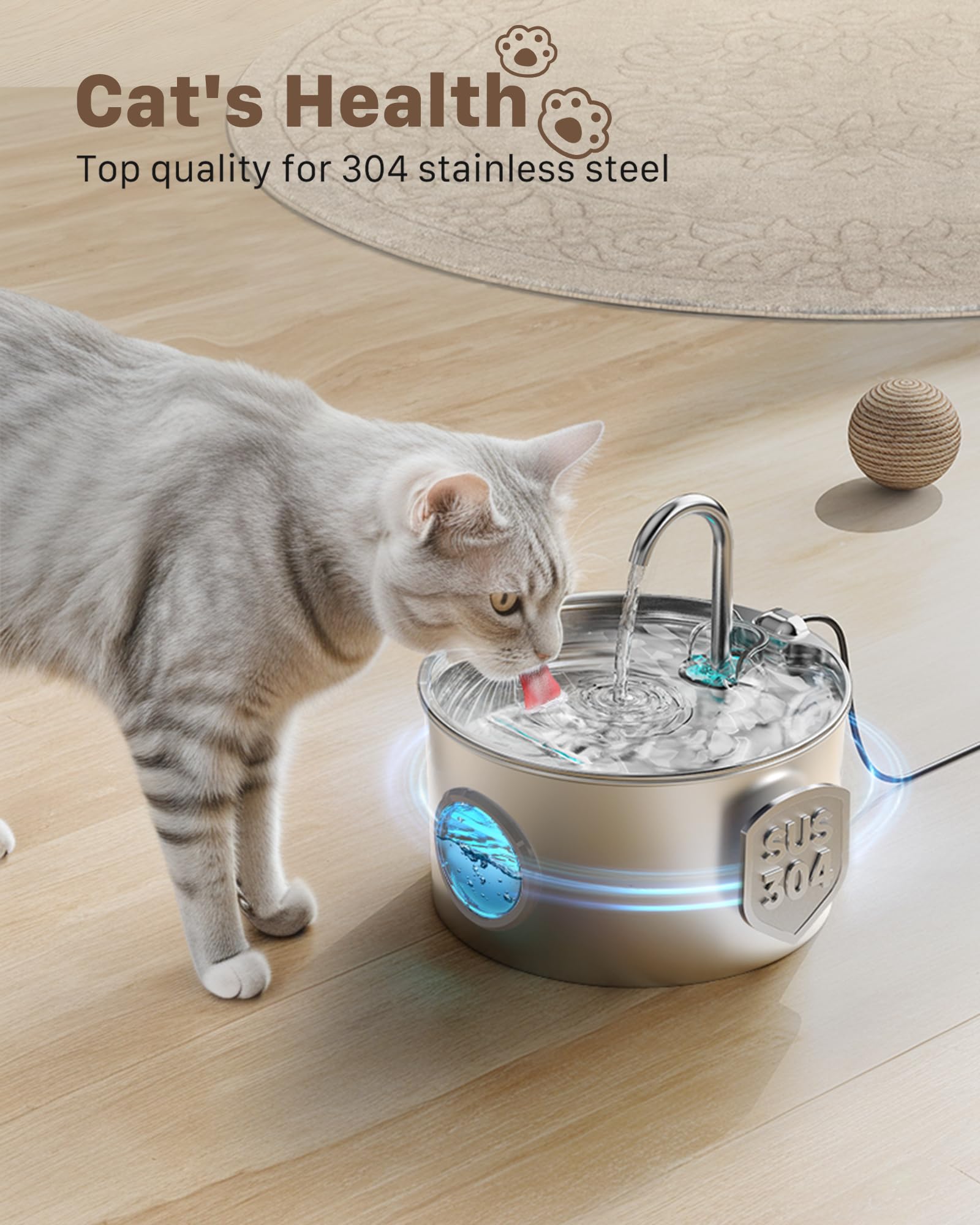 Cat Water Fountain Stainless Steel: Cat Fountain For Drinking - Pet Water Fountain For Cats Inside - 74Oz/2.2L Quiet Cats Water