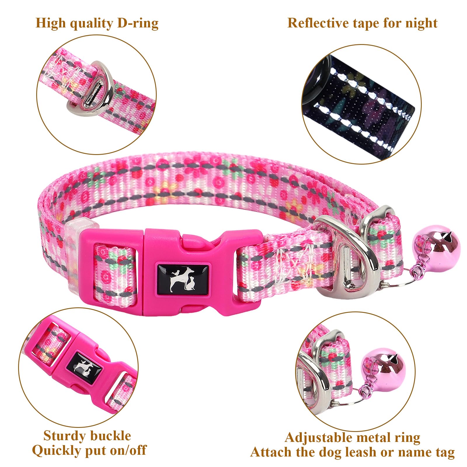 Pink Small Dog Collar With Bell - Reflective Soft Kitten-Safe Collar For Tiny Dogs, Adjustable Flower Pattern Nylon Collar For T