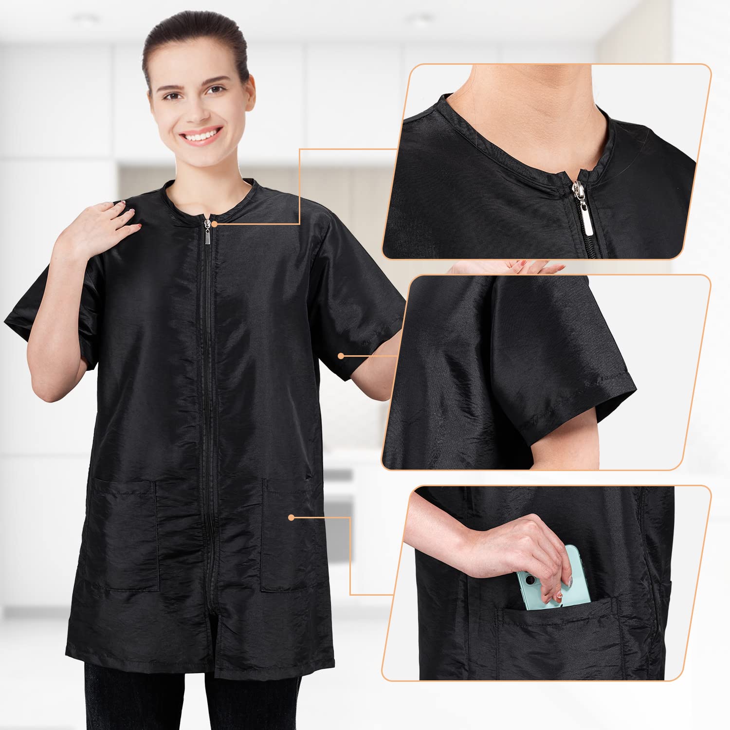 Noverlife Black Pet Grooming Workwear With Full Zipper, M Size, Anti-Static Dog Bathing Work Clothes Hairdresser Uniform With Pockets, Lightweight Pet Groomer Jacket Cosmetologist Smock For Women Men