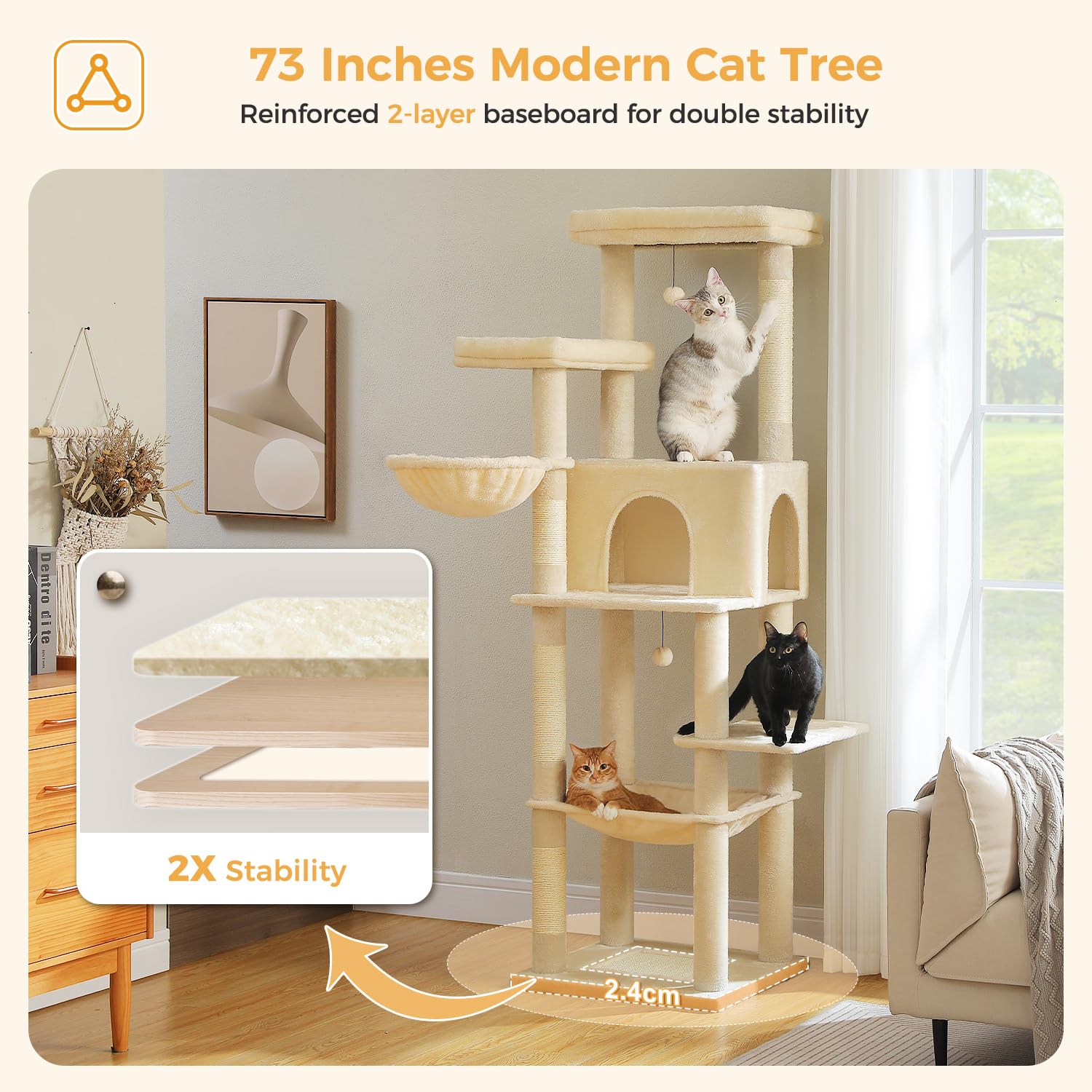 Pawz Road Large Cat Tree, 73 Inches Tall Cat Tower With 1 Large Padded Perch,2 Spacious Hammocks,8 Long Scratching Posts, Xl Plu