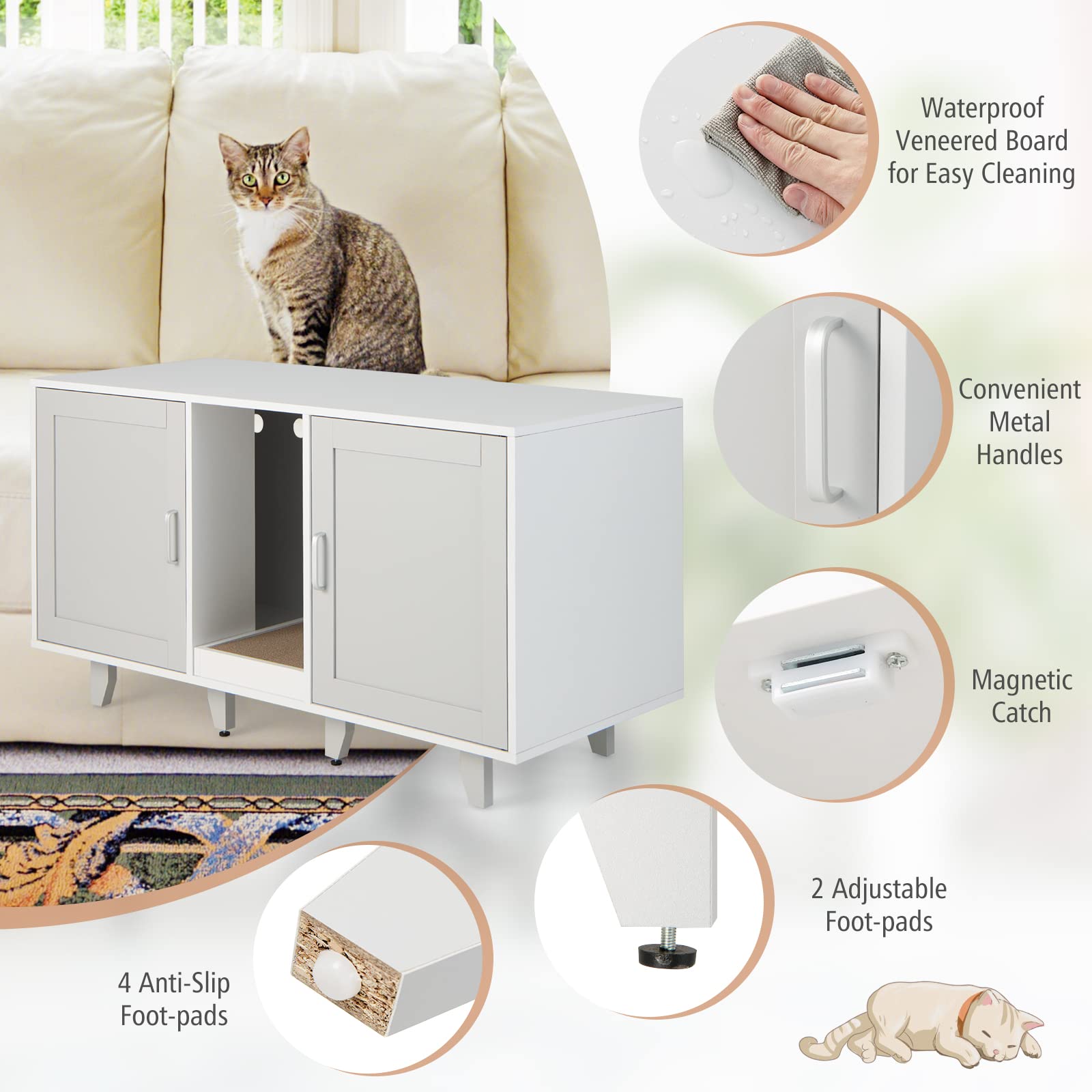 Petsite Litter Box Enclosure For 2 Litter Boxes, Hidden Cat Washroom Tv Stand End Table With 2 Cabinet, Scratching Board, Indoor Cat Litter Furniture Grey