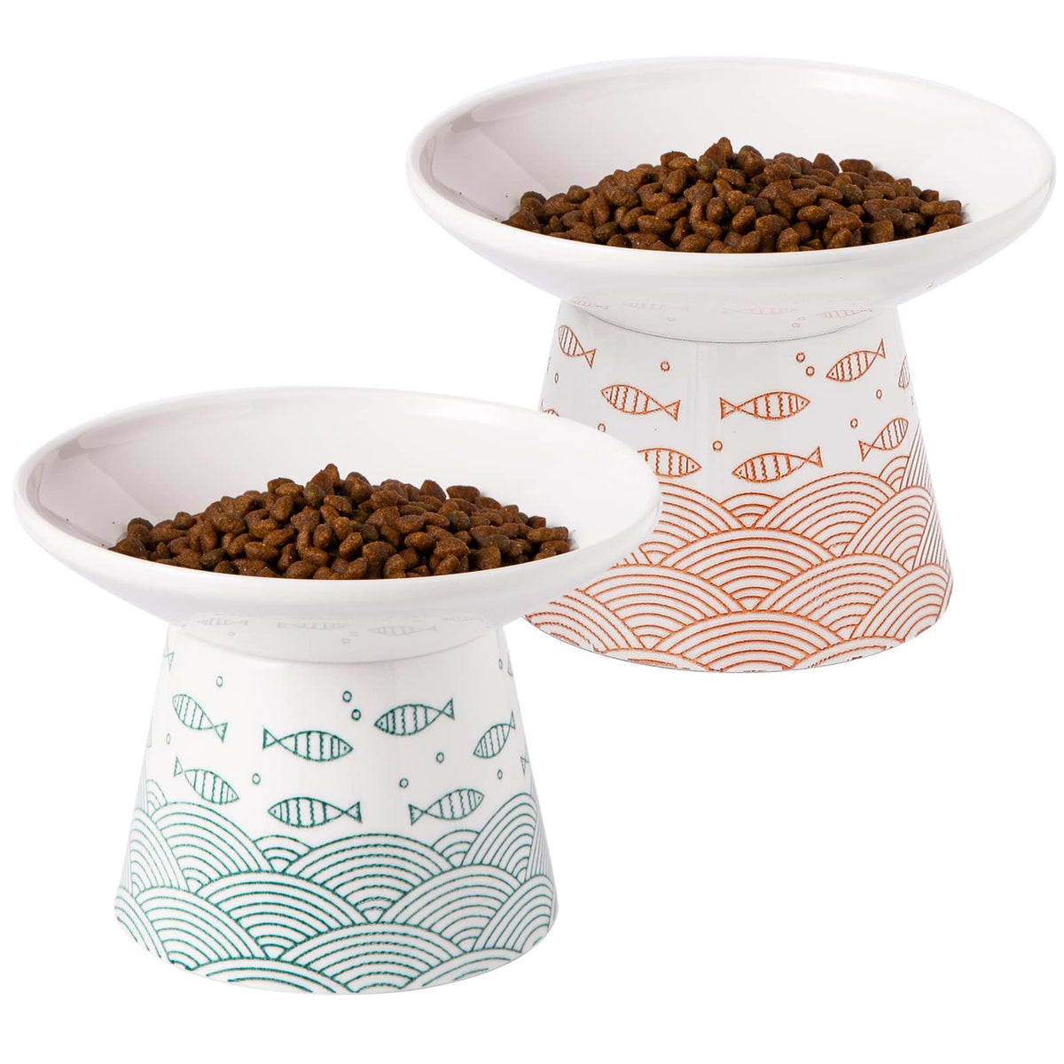 Omaykey 6.25 Inch Extra Wide Ceramic Raised Cat Bowls, Upgraded Elevated Porcelain Cat Food Water Bowl Dish, Stress Free Pet Feeder Bowls Dishes For Elder Big Cats & Small Dogs, Green & Orange