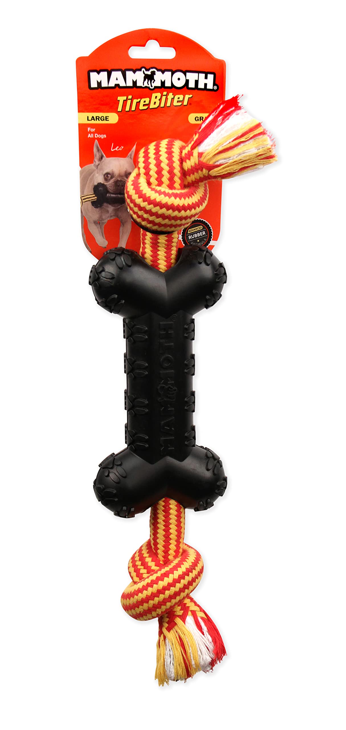 Mammoth Pet Products Tirebiterii Bone With Extra Cotton-Poly Rope “ Natural Rubber Dog Toys For Extreme Chewers “ Aggressive Chewer Toys For Dogs - Large 15, Black (35023F)