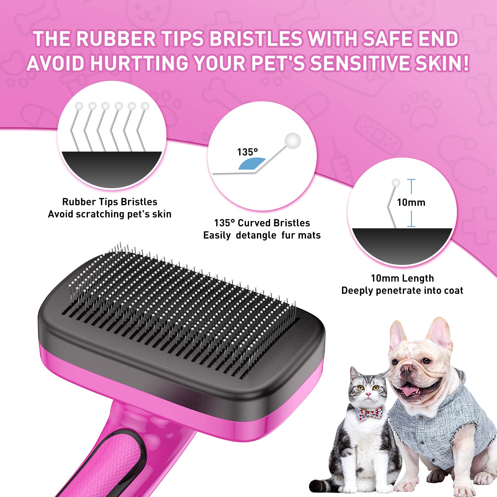 Dogs Self Cleaning Slicker Brush For Shedding & Grooming Long Short Haired, Cats Retractable Brushes For Large Medium Small. Gently Removes Loose Undercoat, Mats Tangled Hair From Pet'S Coat (Pink)
