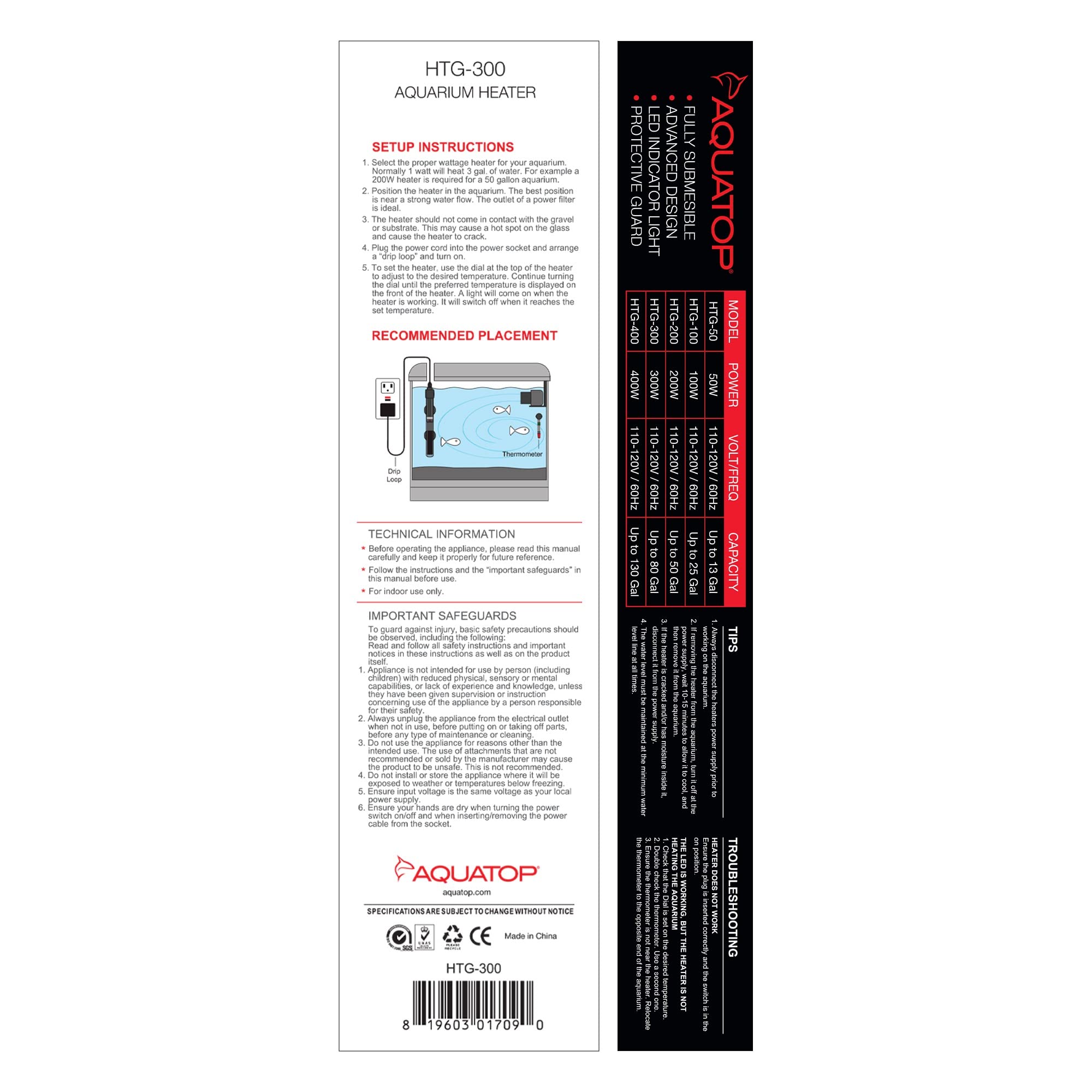 Aquatop 300W Premier Glass Heater With Protective Guard