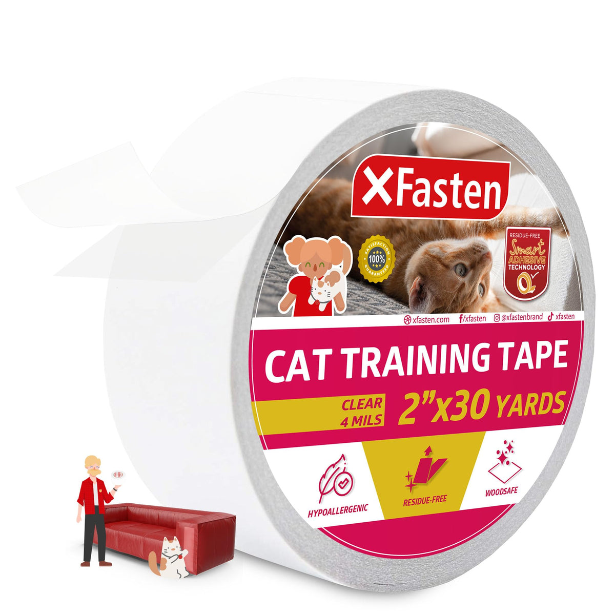 Xfasten Anti-Scratch Cat Training Tape, Clear, 2-Inches X 30 Yards; Door, Kitty Paw Tape For Couch, Furniture And Leather Stop Scratching Guard Protector Tape For Cats