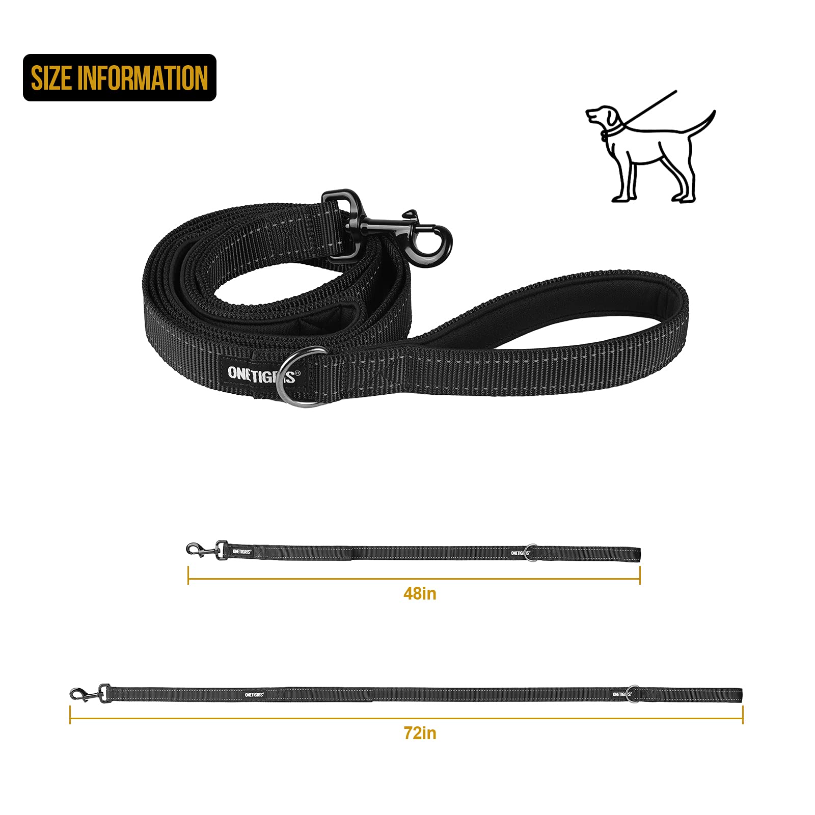 OneTigris Handled No-Pull Dog Walking Leash Long Traffic Leads for Medium to Large Dogs (Black, 4FT)