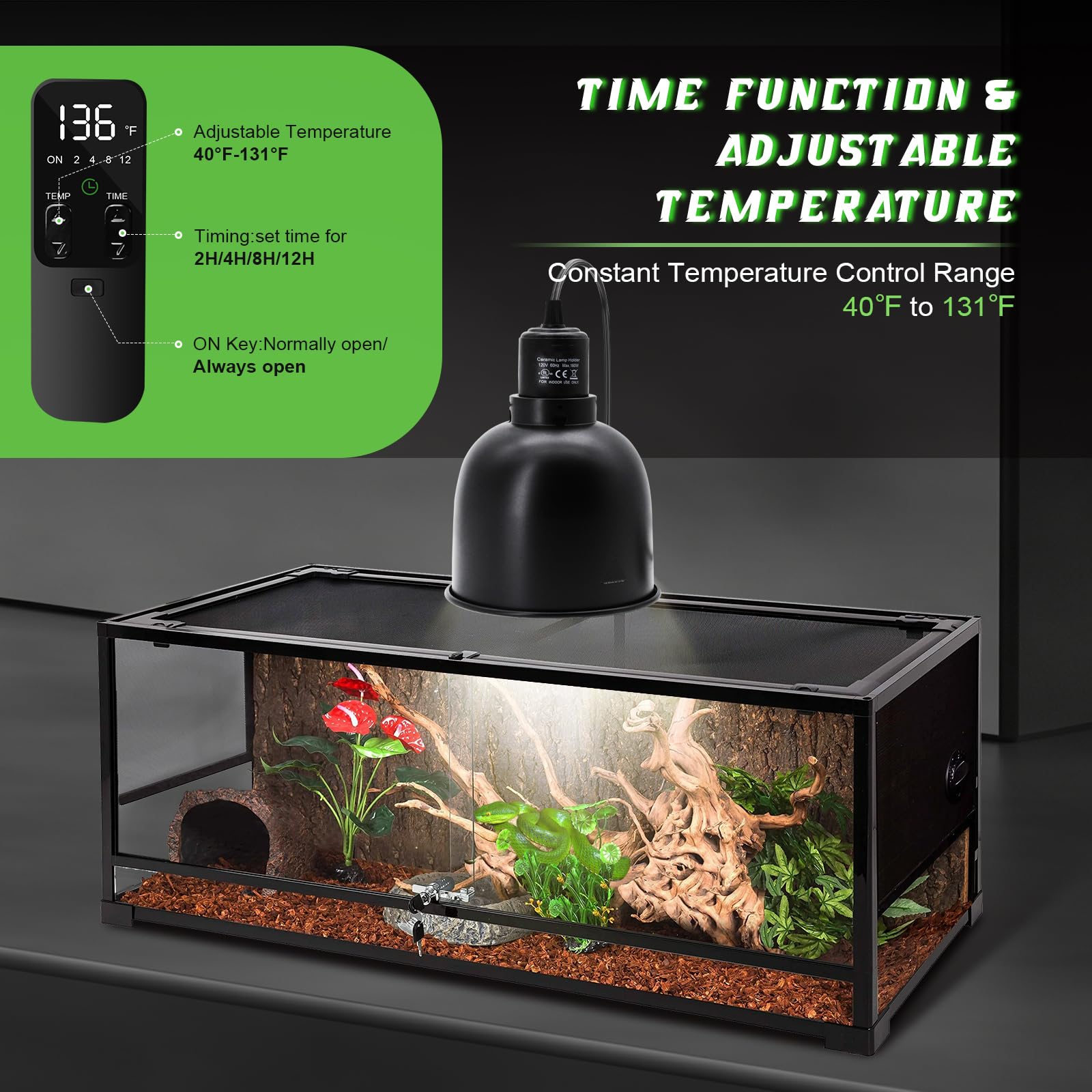 Mecesor 5.5'' Deep Dome Reptile Lamp Fixture With Thermostat Timer & Dual Controls, Heat-Resistant Ceramic Bulb Holder For Beard