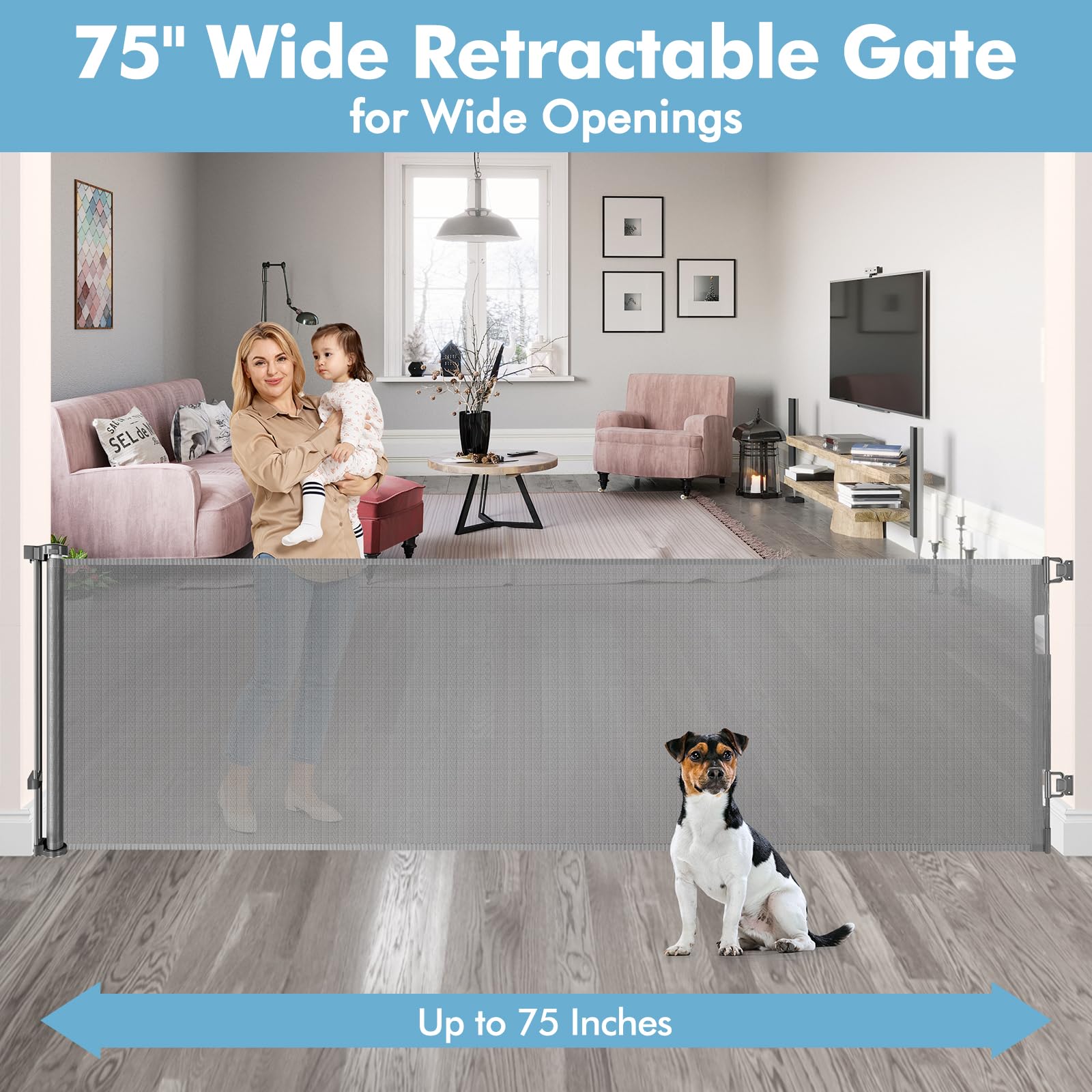 75 Inch Retractable Baby & Dog Gate - Wide & Extra Large Openings, Indoor & Outdoor Use, Gray