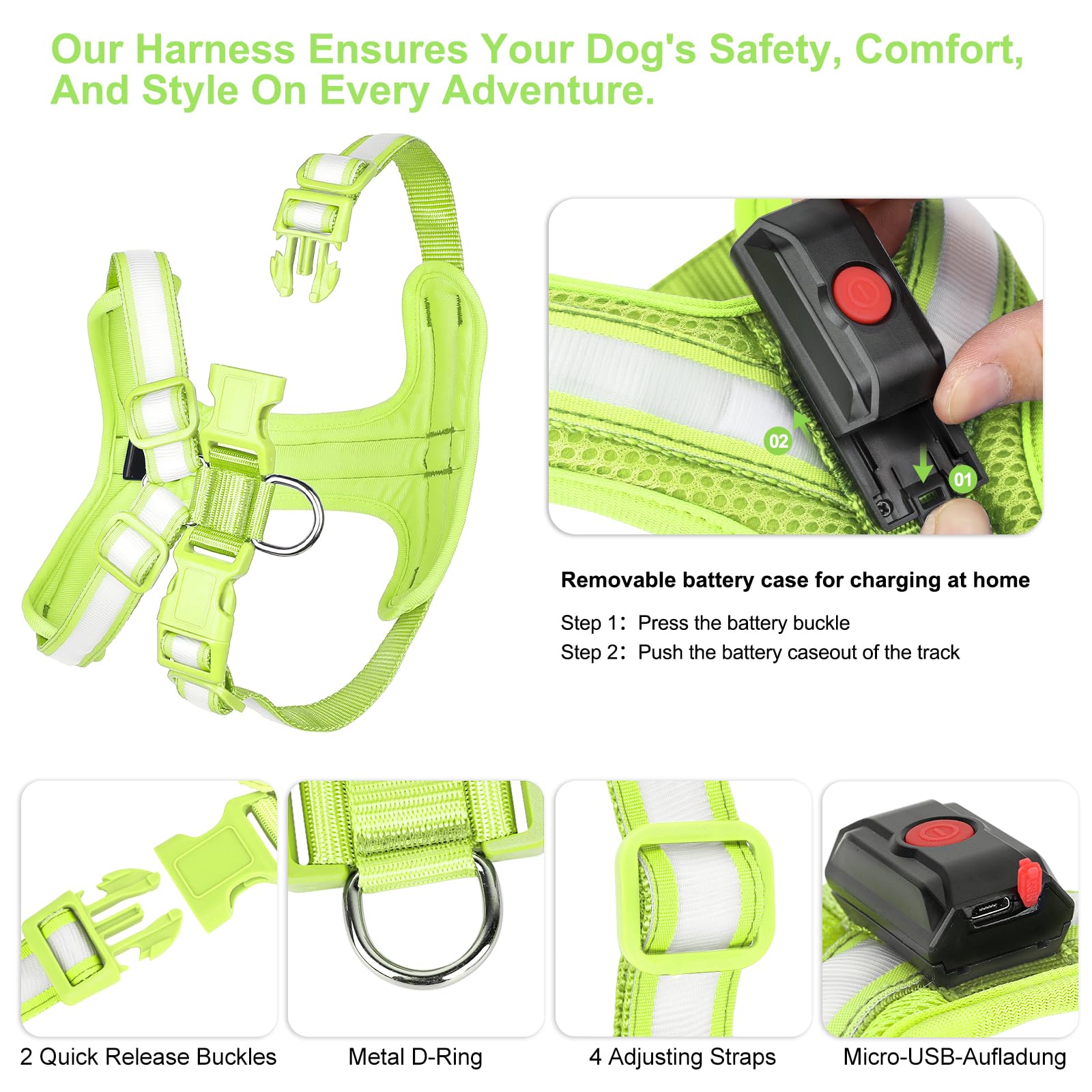 Pzrlit Light Up Dog Harness - Led Dog Harness Rechargeable, No Choke Illuminated Glow Dark Harness Vest Waterproof For Medium Large Dogs For Camping Night Safety Walking-Green,L