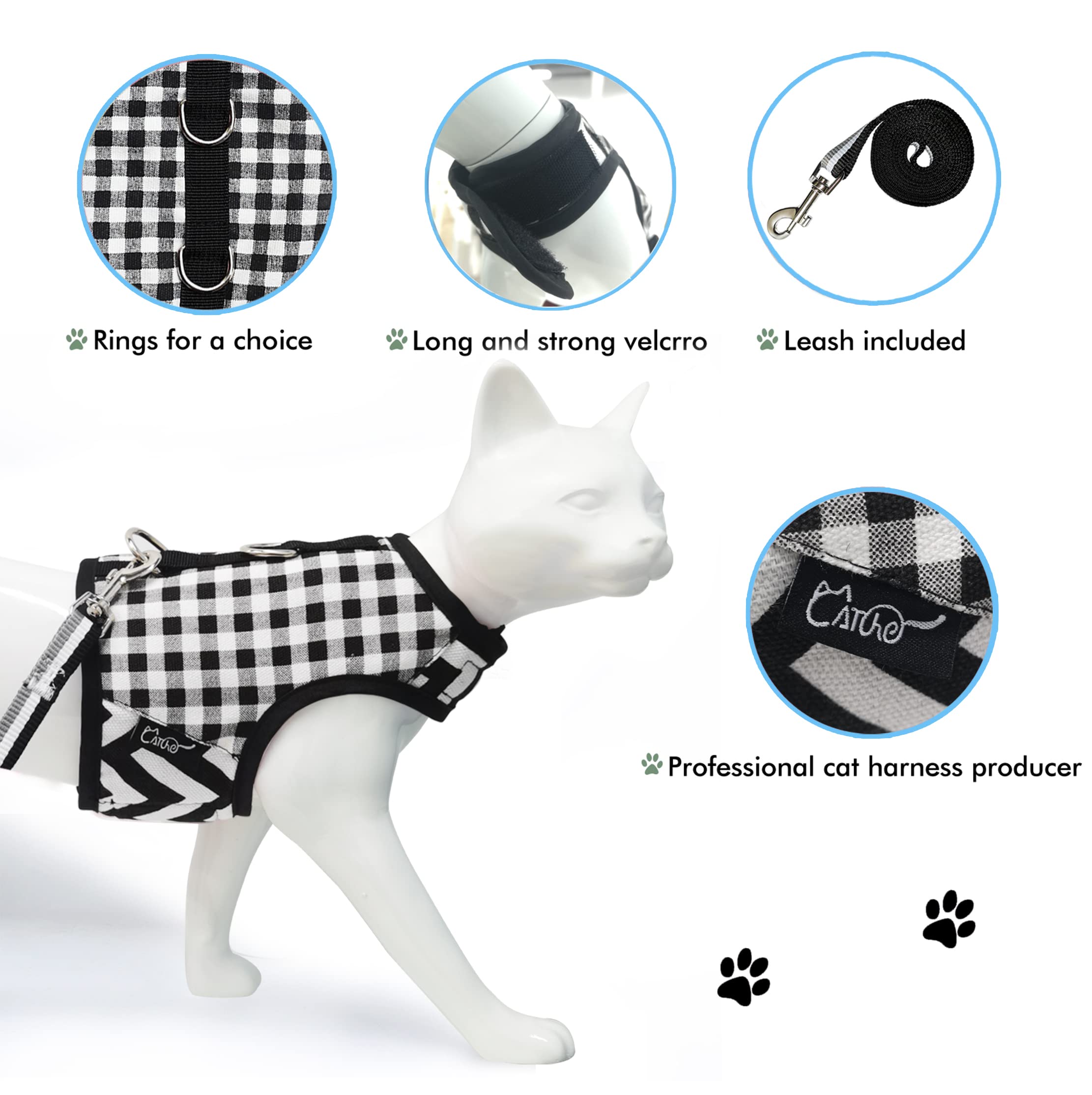 Yizhi Miaow Cat Harness and Leash for Walking Escape Proof, Adjustable Cat Vest Harness, Padded Stylish Cat Walking Jackets, Bla