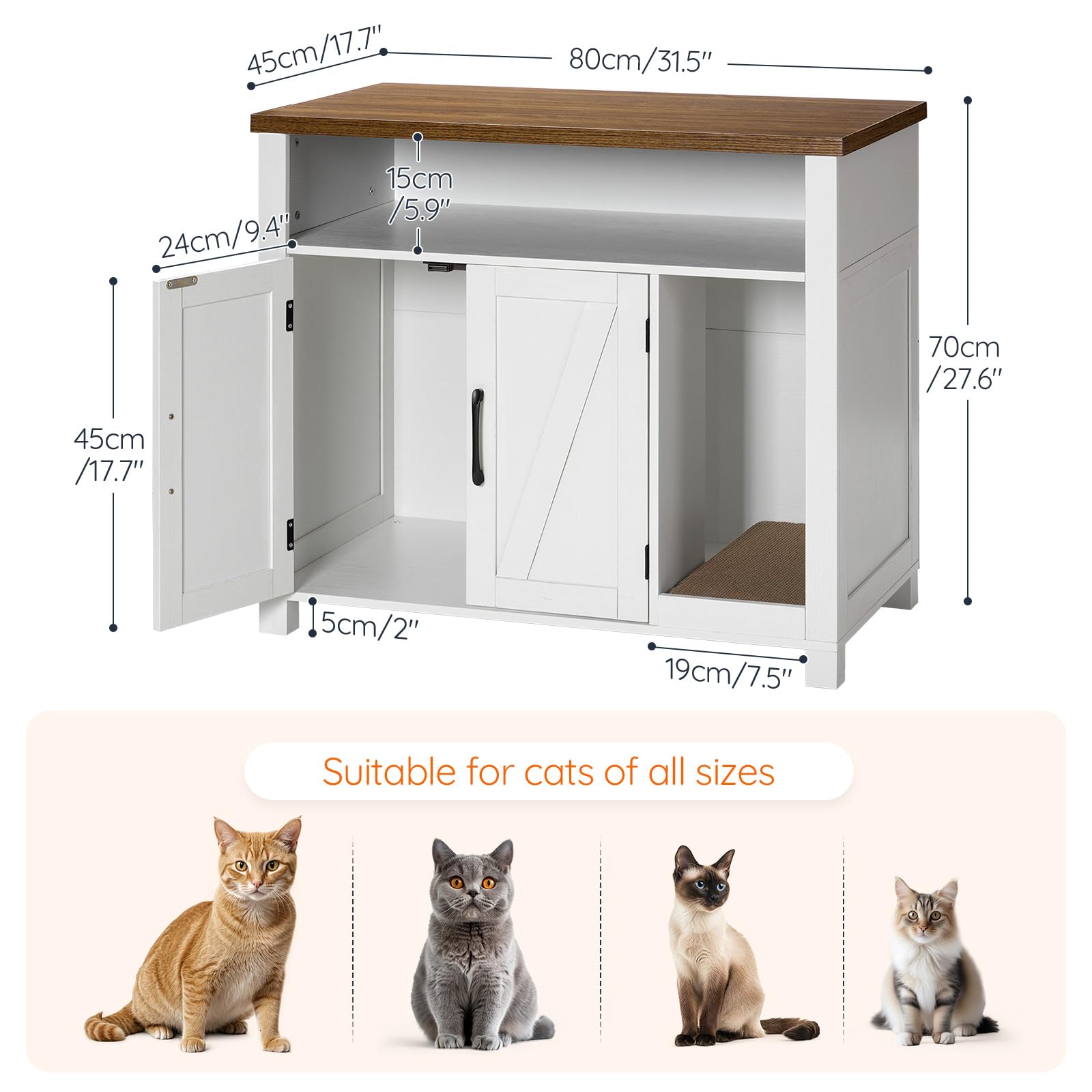 HOOBRO Cat Litter Box Enclosure, White & Walnut, 31.5"L x 17.7"W x 27.6"H, Engineered Wood, Model WH24MW01