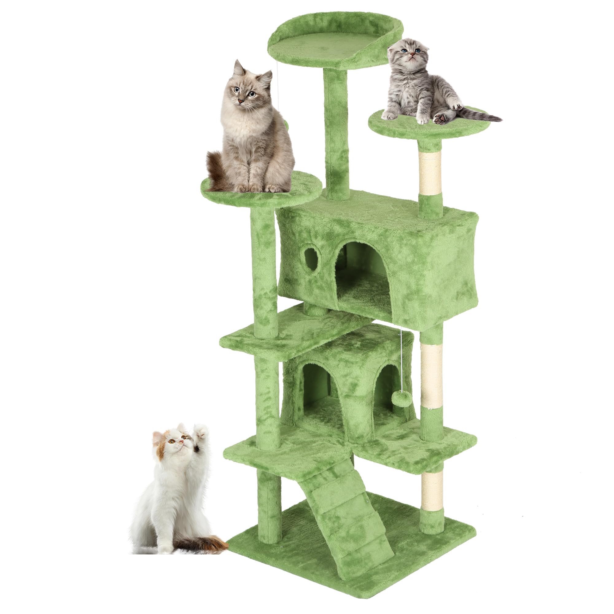 FDW | 54 Cat Tree Tower | Green | Multi-Level Indoor Activity Center with Sisal Scratching Posts, Condos, Plush Perches, Hanging
