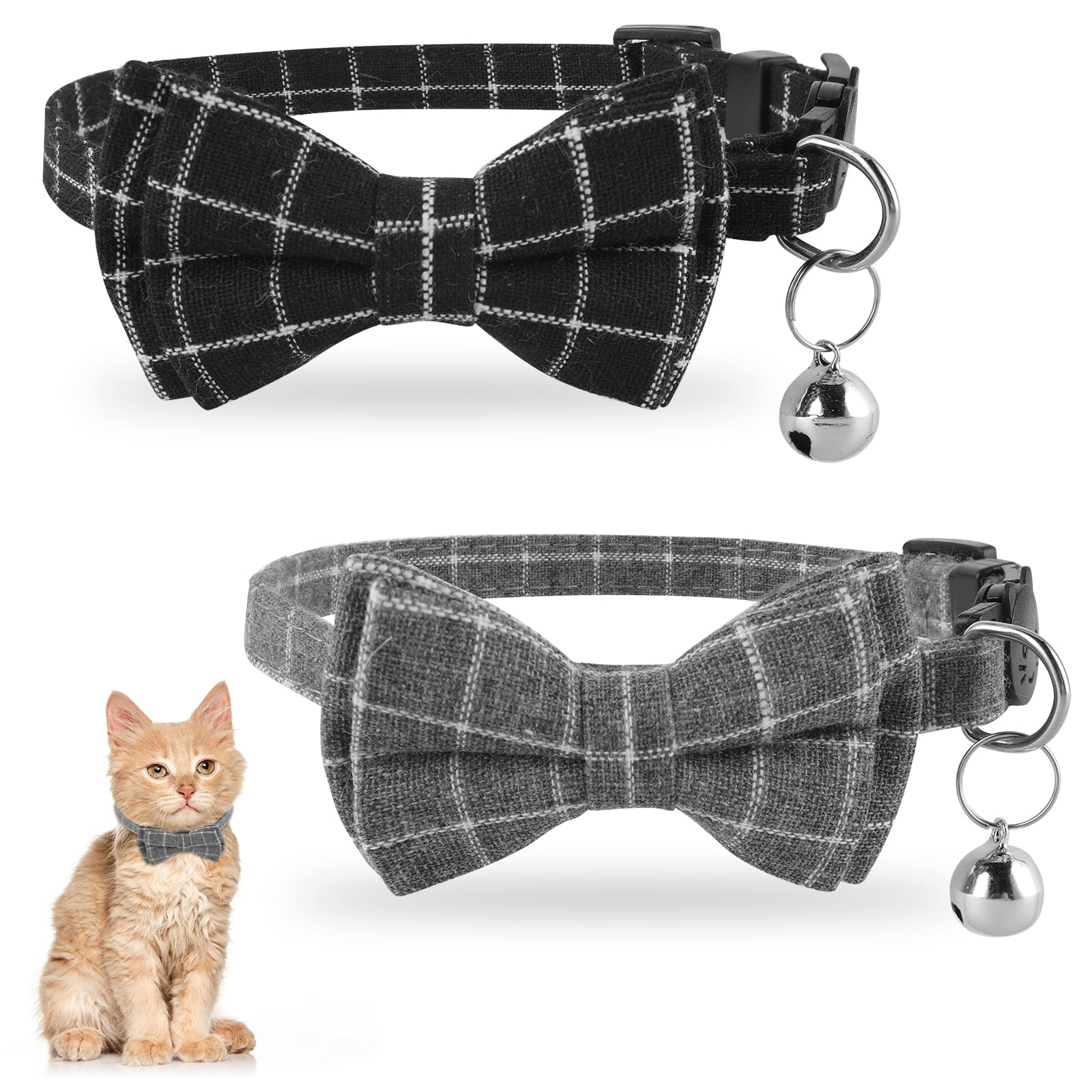 Jeffdad 2Pcs Cat Collar Breakaway, Cat Collar With Bells Bowtie Plaid Cat Collar Adjustable For Kitten Puppy And Small Pets (Bla