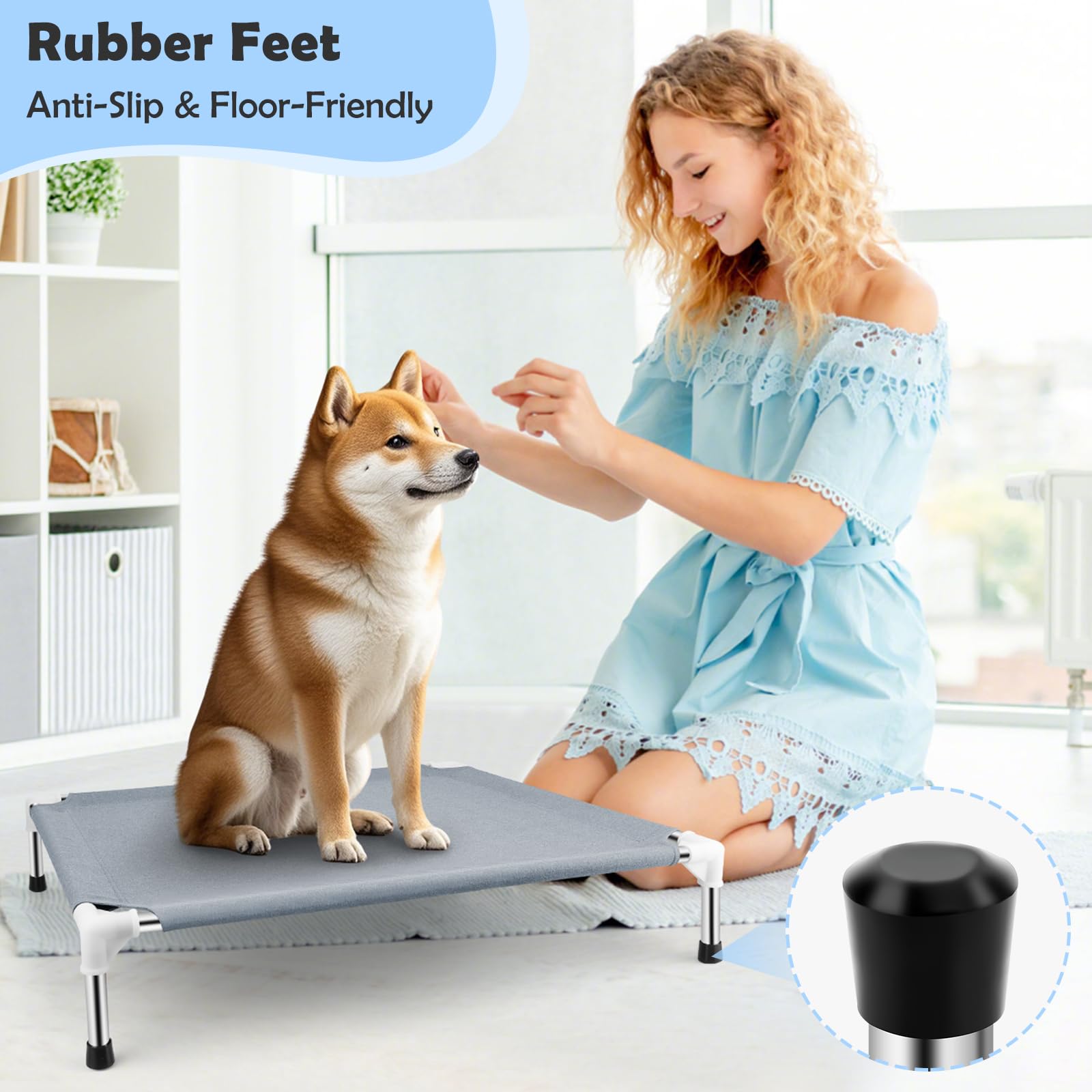 Elevated Cooling Dog Bed, Raised Outdoor Dog Bed For Medium Dogs, Portable Pet Cots With No-Slip Rubber Feet, Double Layer Polye