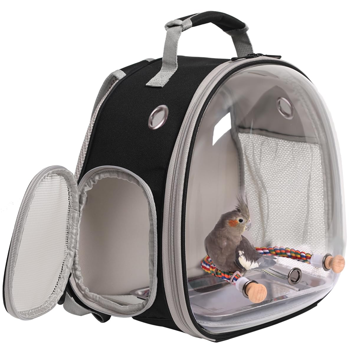 Small Bird Travel Backpack Carrier Cage, Backpack To Transport Backpack Carrier With Metal Tray Stand Perch For Parakeet Cockatiel Budgies Vet Carry Book Bag Black