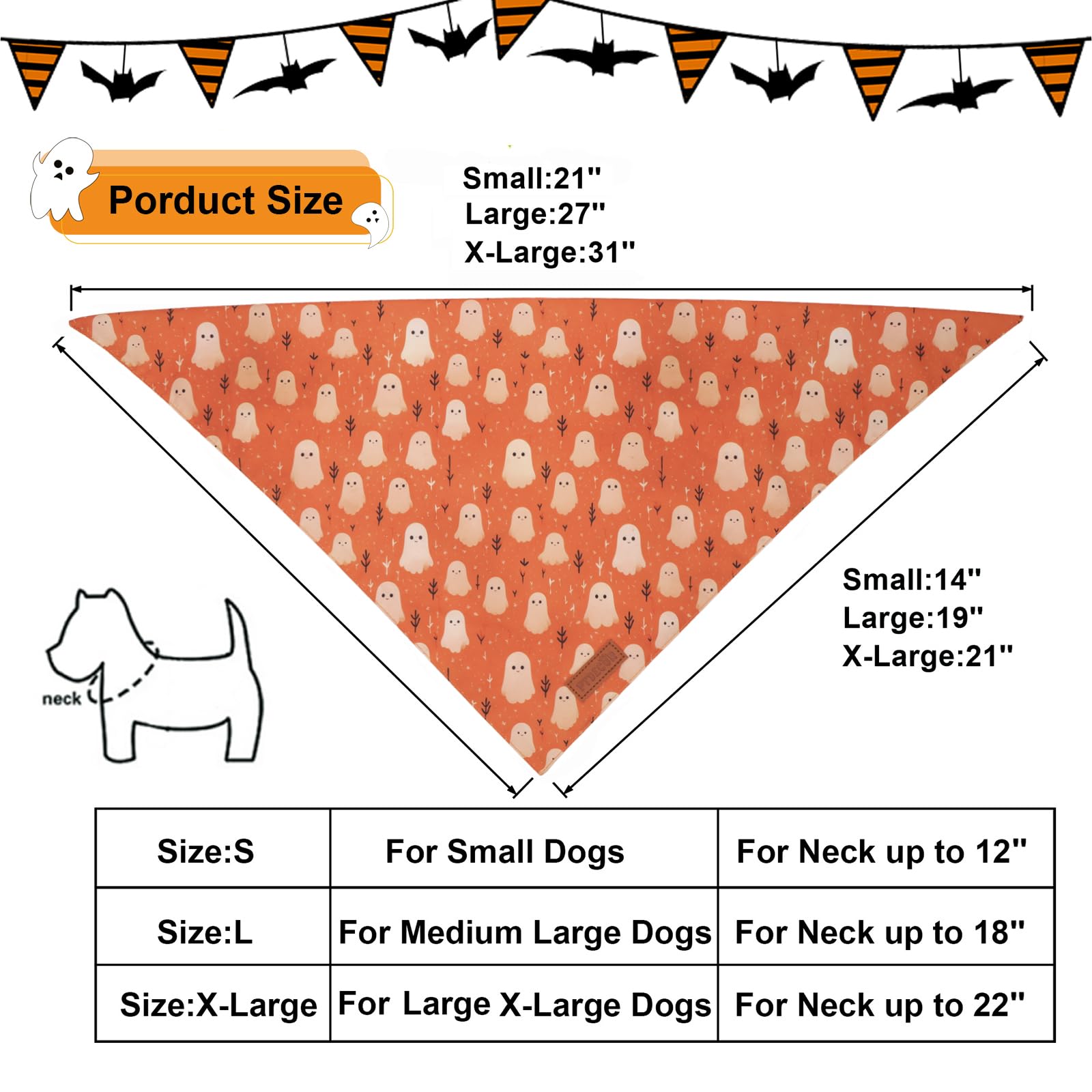 Ptdecor Halloween Dog Bandana, Ghost Pumpkin Design Reversible Holiday Dog Scarf, Triangle Halloween Bandanas For Medium Large D
