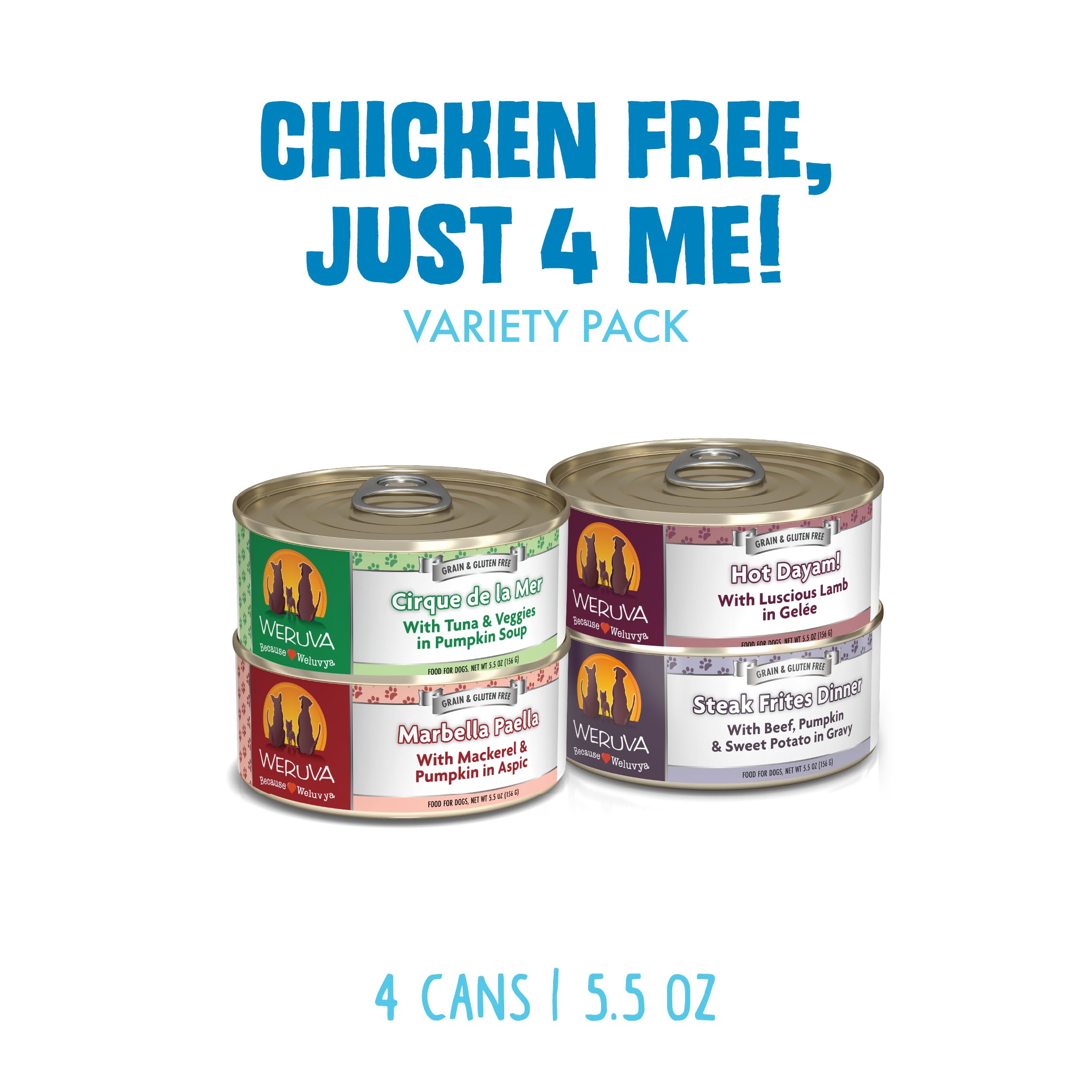 Weruva Classic Dog Food, Chicken Free, Just 4 Me Trial Variety Pack, 5.5oz Can, Pack of 4