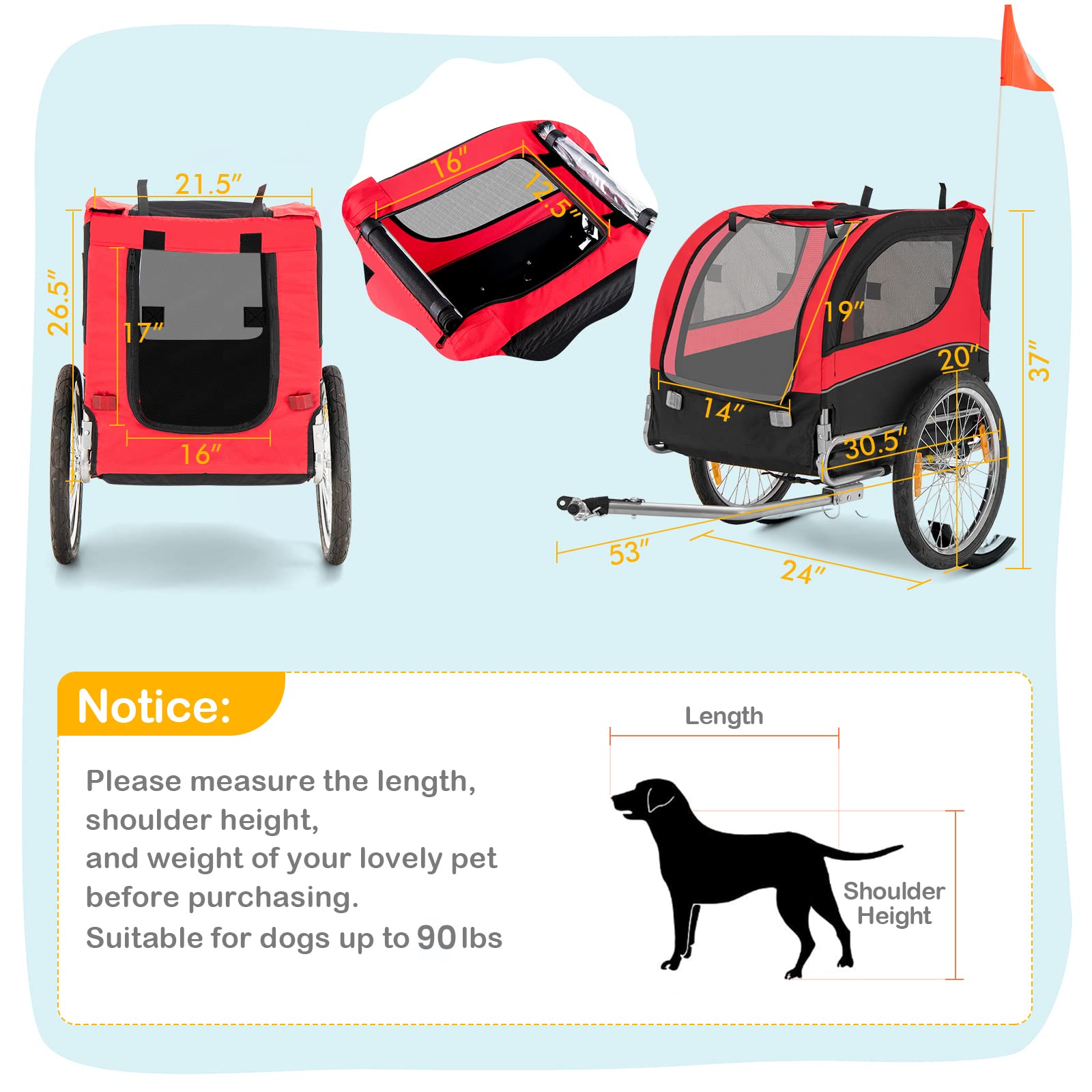 Dog Bike Trailer - Happaws Dog Trailer For Bicycle, Cargo Cycle Trailers Wagon Cart Pet Bike Carrier W/ 3 Doors, Aluminum Wheels, Safety Flag, Easy To Connect&Disconnect, Collapsible To Store