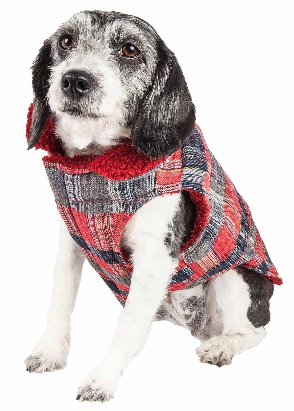 Pet Life ® 'Scotty' Tartan Classical Plaid Dog Coat - Insulated Plaid Dog Jacket with Reversible Sherpa Lining - Winter Dog Clothes for Small Medium Large Dogs