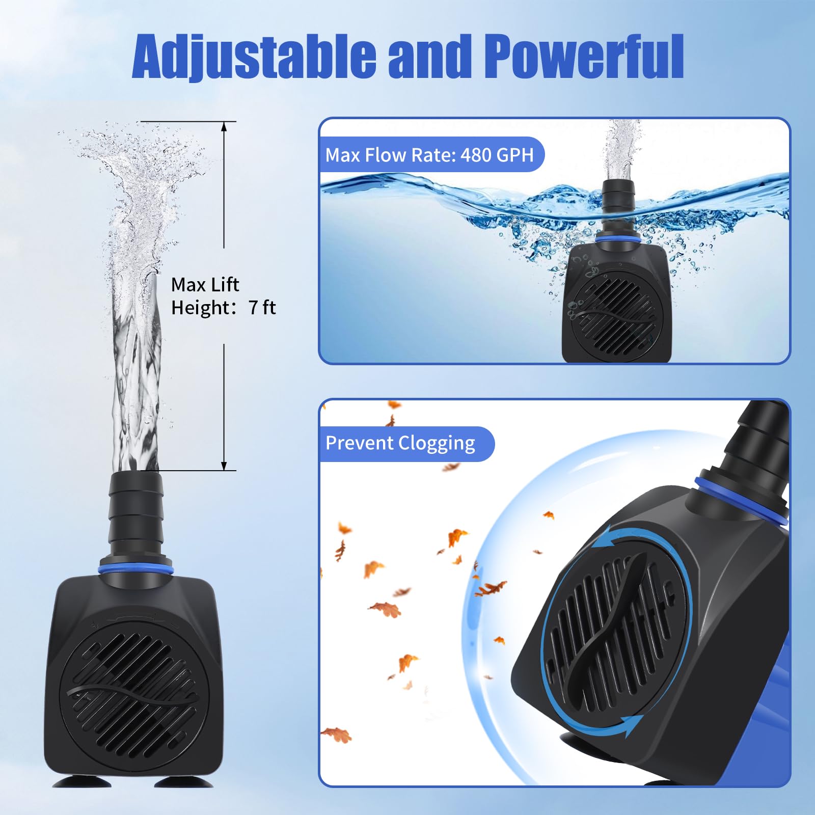 AQUANEAT Small Fountain Pump, 480 GPH Submersible Water Pump for Aquarium Fish Tank, Outdoor Water Fountain, Hydroponics, Pond