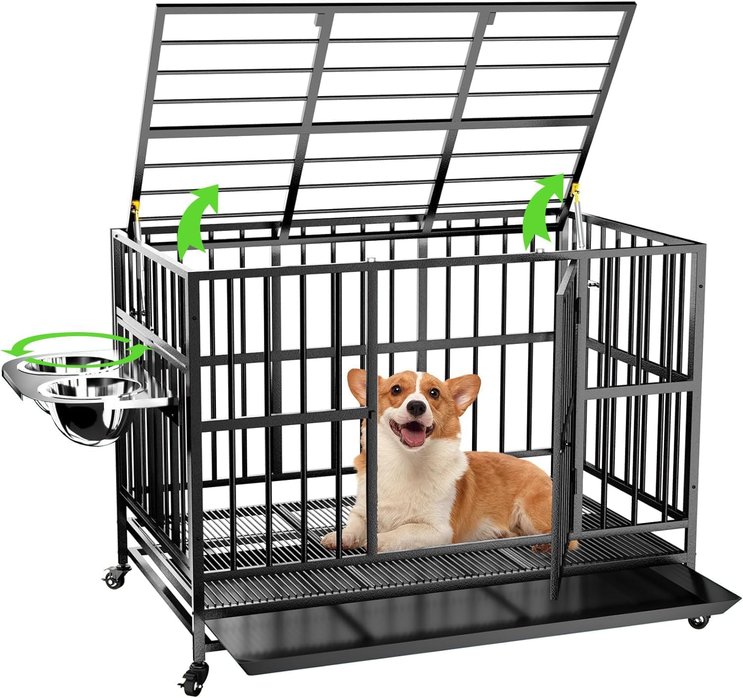 Lovmor 37'' Heavy Duty Dog Crate With Wheels/Unique Air Lift Rod / 360 & Adjustable 2 Bowls, Extra Small Dog Crate