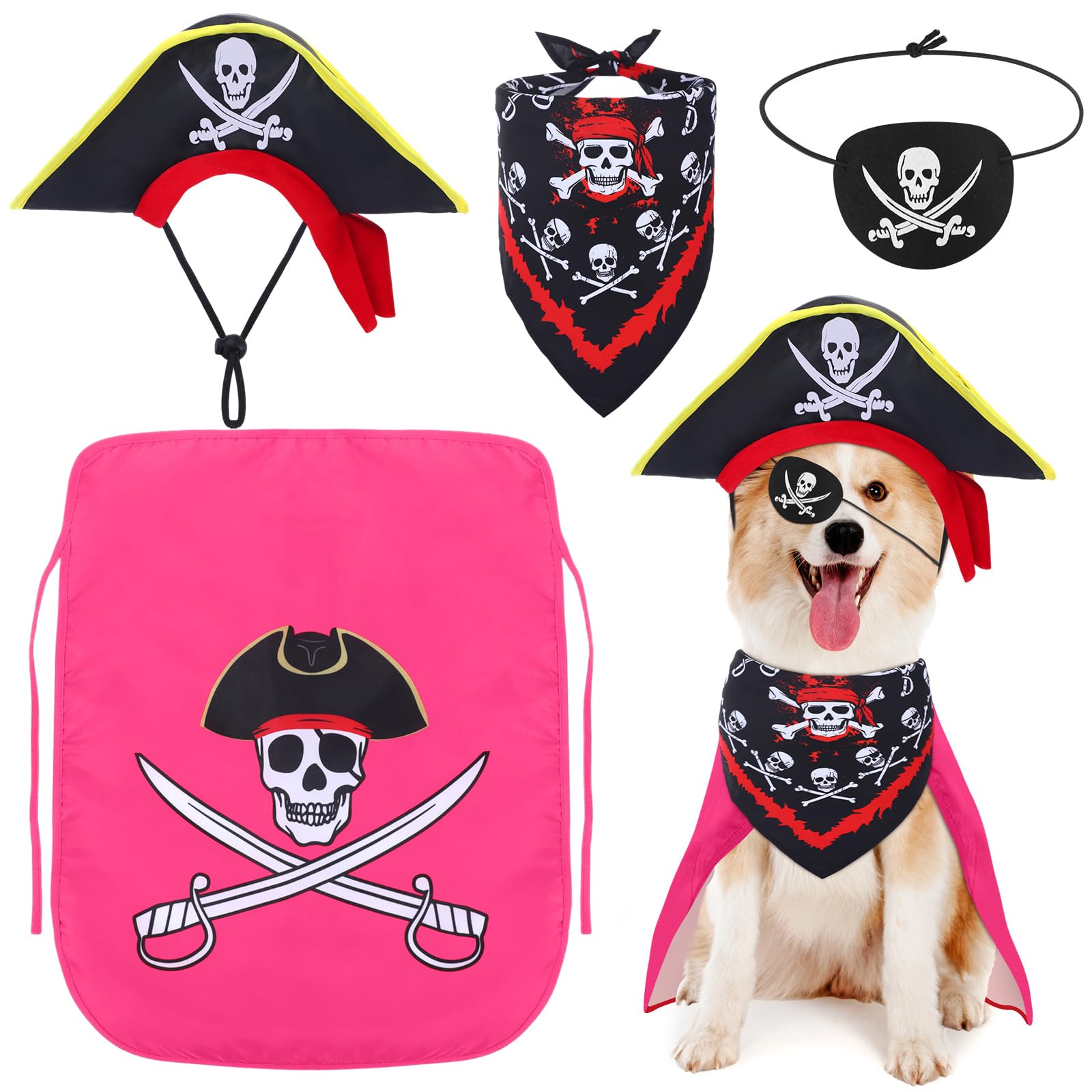 Huhumy 4 Pcs Dog Pirate Costume Set Dog Pirate Hat Pet Skull Triangle Bandana Puppy Cape and Eye Mask for Halloween Outfits Acce